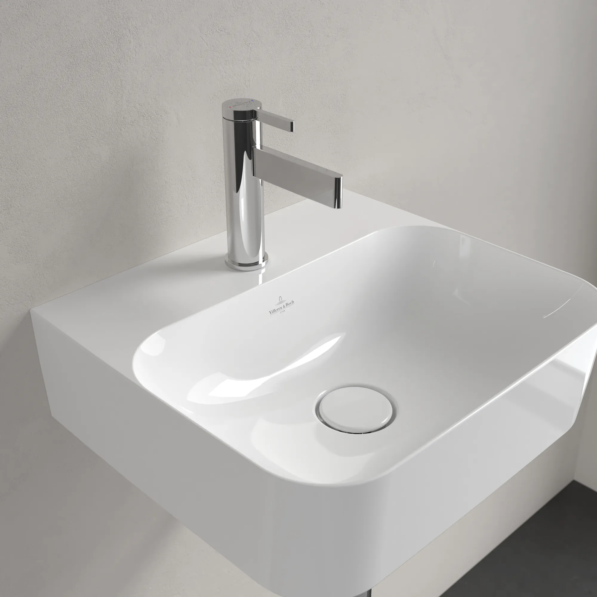 Villeroy & Boch Handwaschbecken aus TitanCeram „Finion“ 430 × 390 × 140 mm, mit Hahnlochbohrung, Hahnlochposition mittig in Weiß Alpin, mit CeramicPlus Villeroy & Boch Handwaschbecken aus TitanCeram „Finion“ 430 × 390 × 140 mm, mit Hahnlochbohrung, Hahnlochposition mittig in Weiß Alpin, mit CeramicPlus