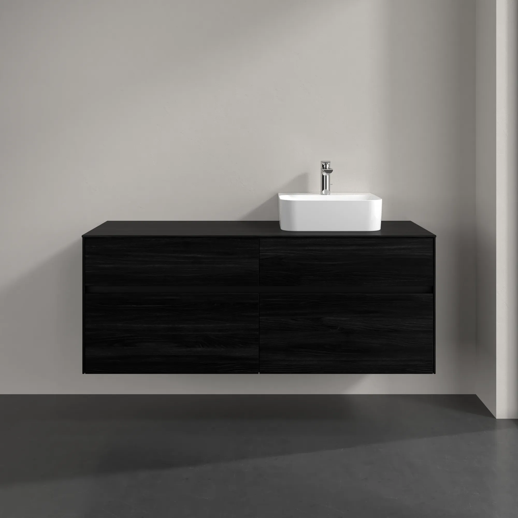 Villeroy & Boch Waschtischunterschrank „Collaro“ 1400 × 548 × 500 mm Black Oak, mit Beleuchtung, für Becken rechts Villeroy & Boch Waschtischunterschrank „Collaro“ 1400 × 548 × 500 mm Black Oak, mit Beleuchtung, für Becken rechts