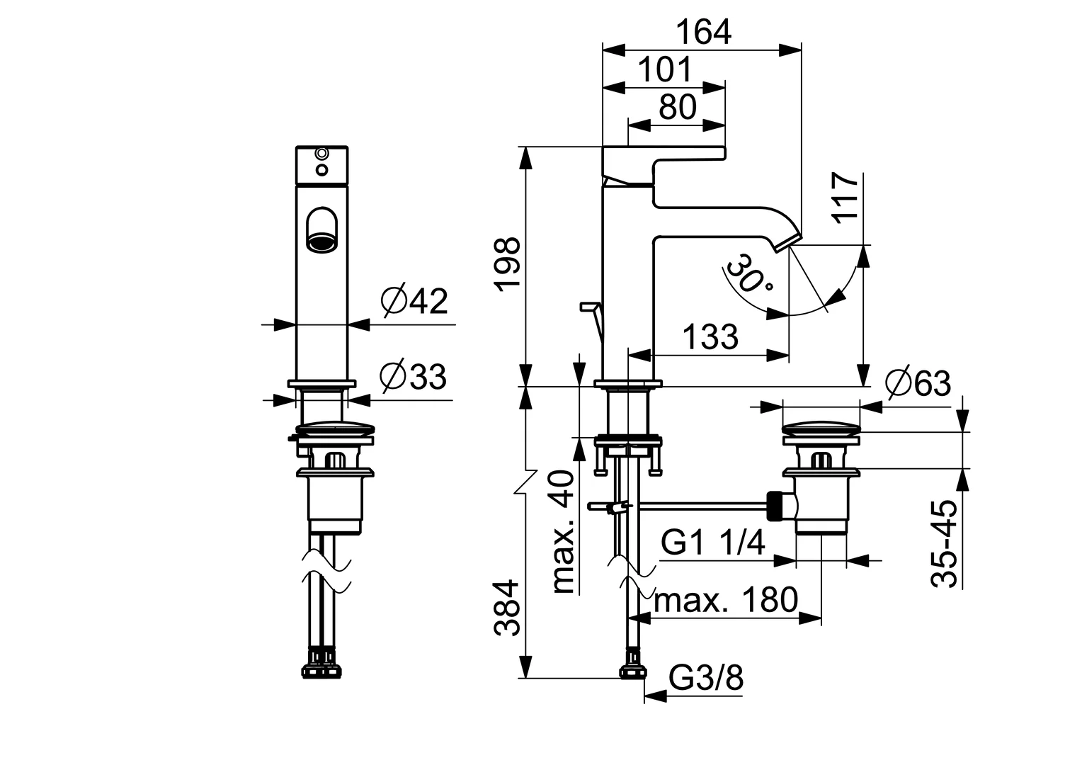 EHM Waschtischbatterie VANTIS Style 5456 Ablaufgarnitur mit Zugstange Ausladung 133 mm Chrom