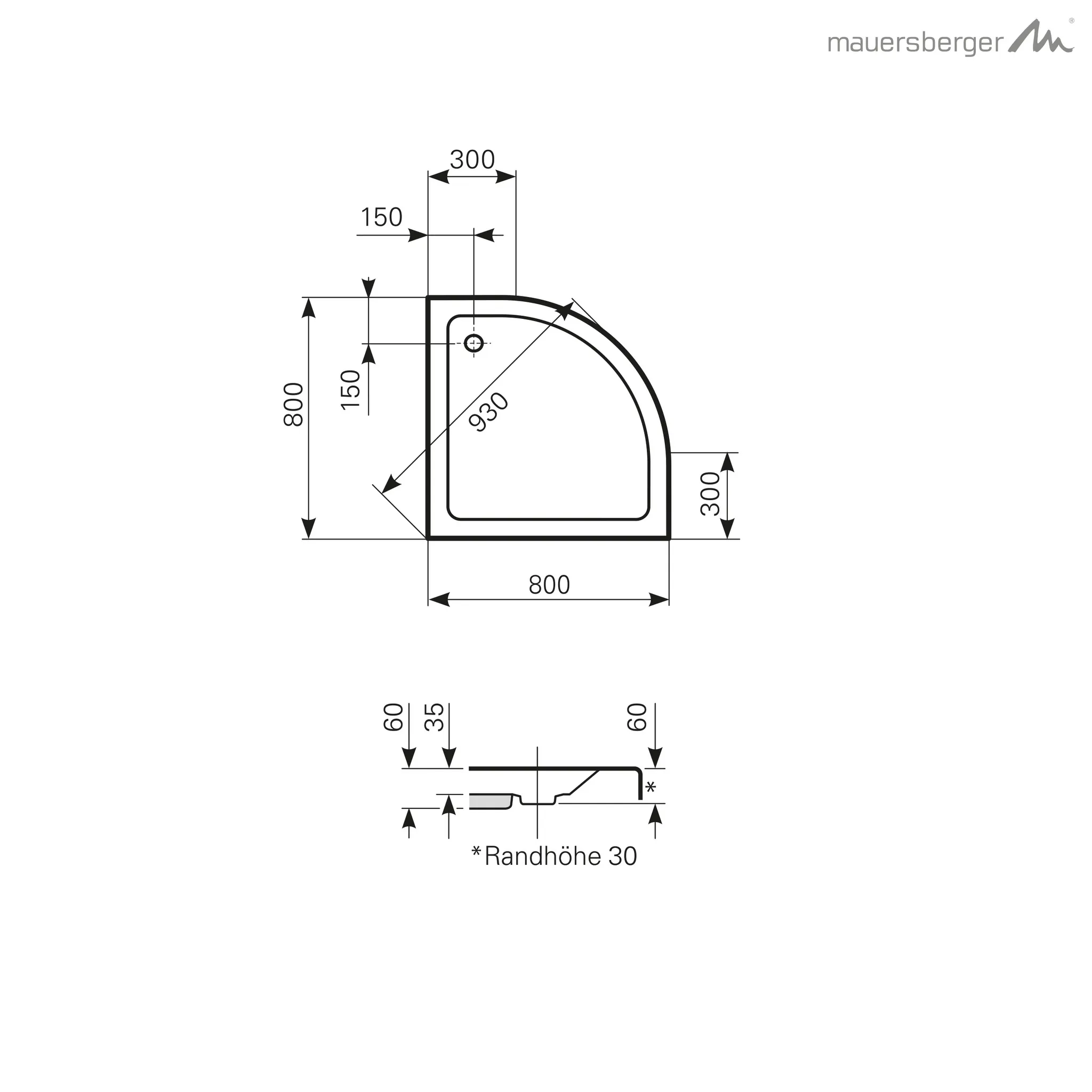 Mauersberger Acryl-Duschwanne aphylla 80 flach, R:50, 800x800x60, Farbe: weiß