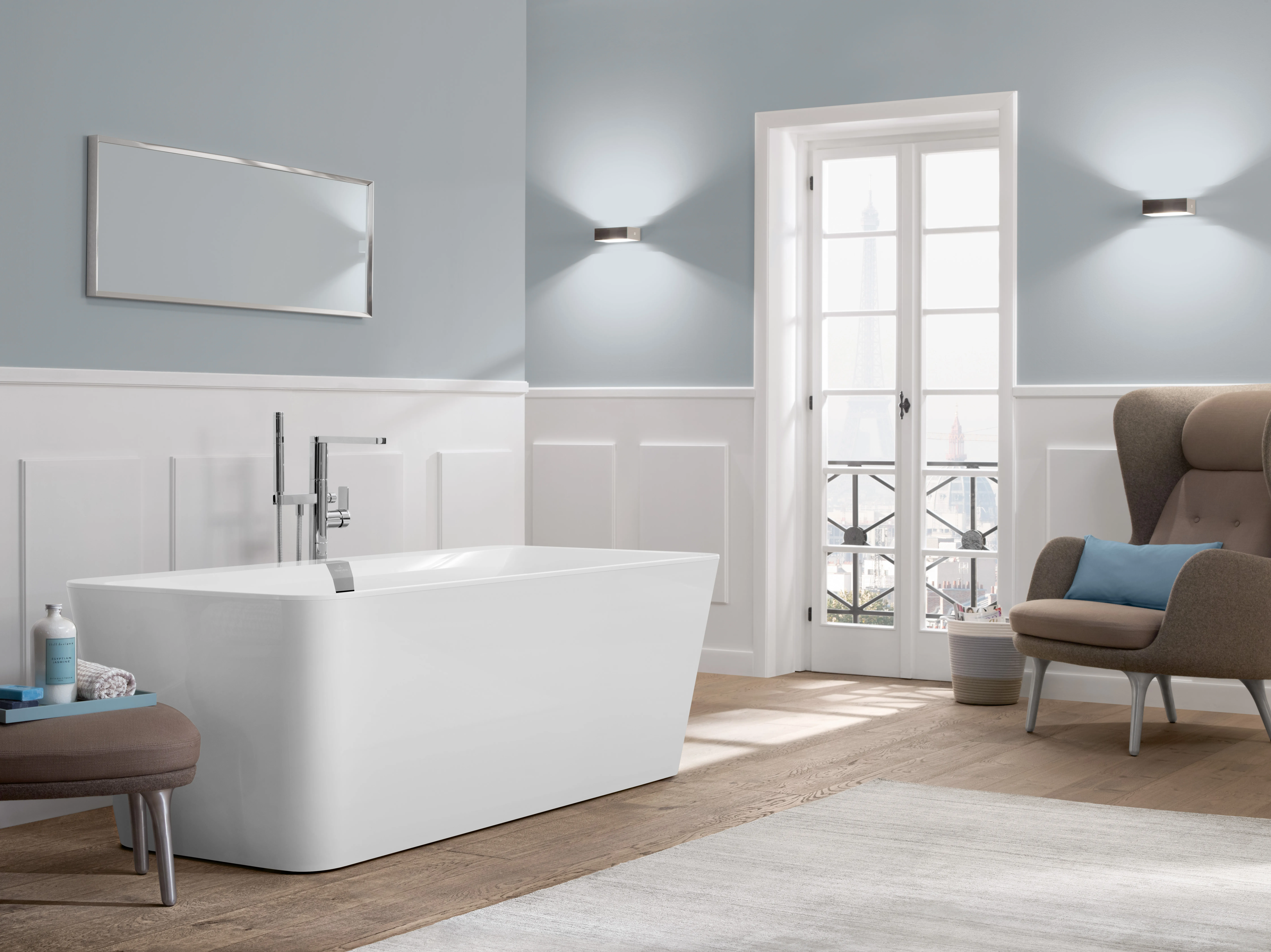 Villeroy & Boch Badewanne „Squaro Edge 12“ inkl. Schürze freistehend rechteck 180 × 80 cm, Mittelablauf in Weiß Alpin