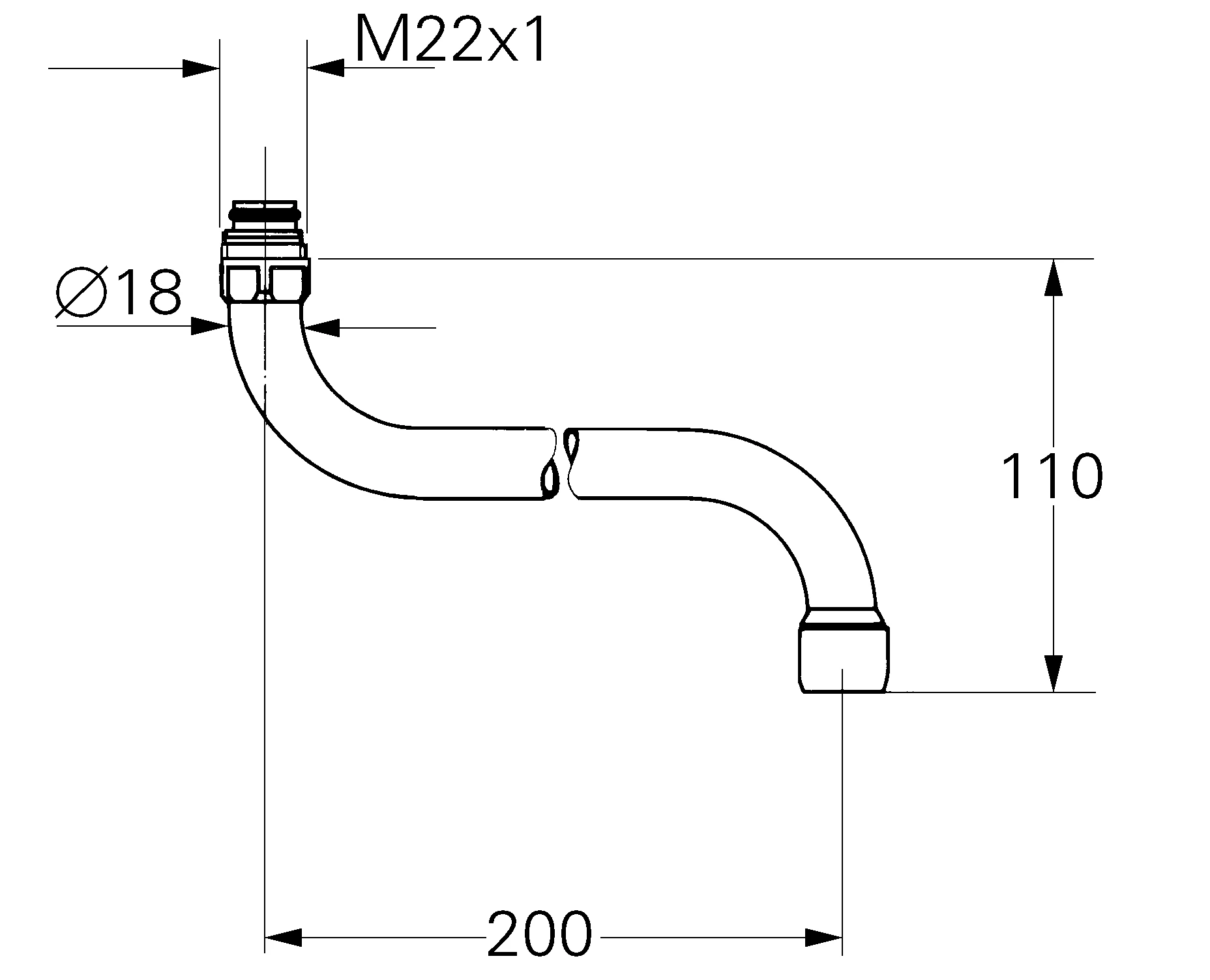 Rohrauslauf 13051, für Küchen-Wandbatterien, schwenkbar, Auslauf mit Mousseur, Verschraubung M 22 × 1, Ausladung 200 m, chrom