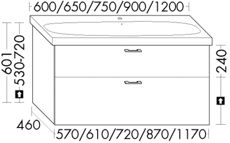 Waschtischunterschrank Sys30 von burgbad – 460 mm tief, 870 mm breit, 601 mm hoch, mit 1 Schublade oben und 1 Auszug unten