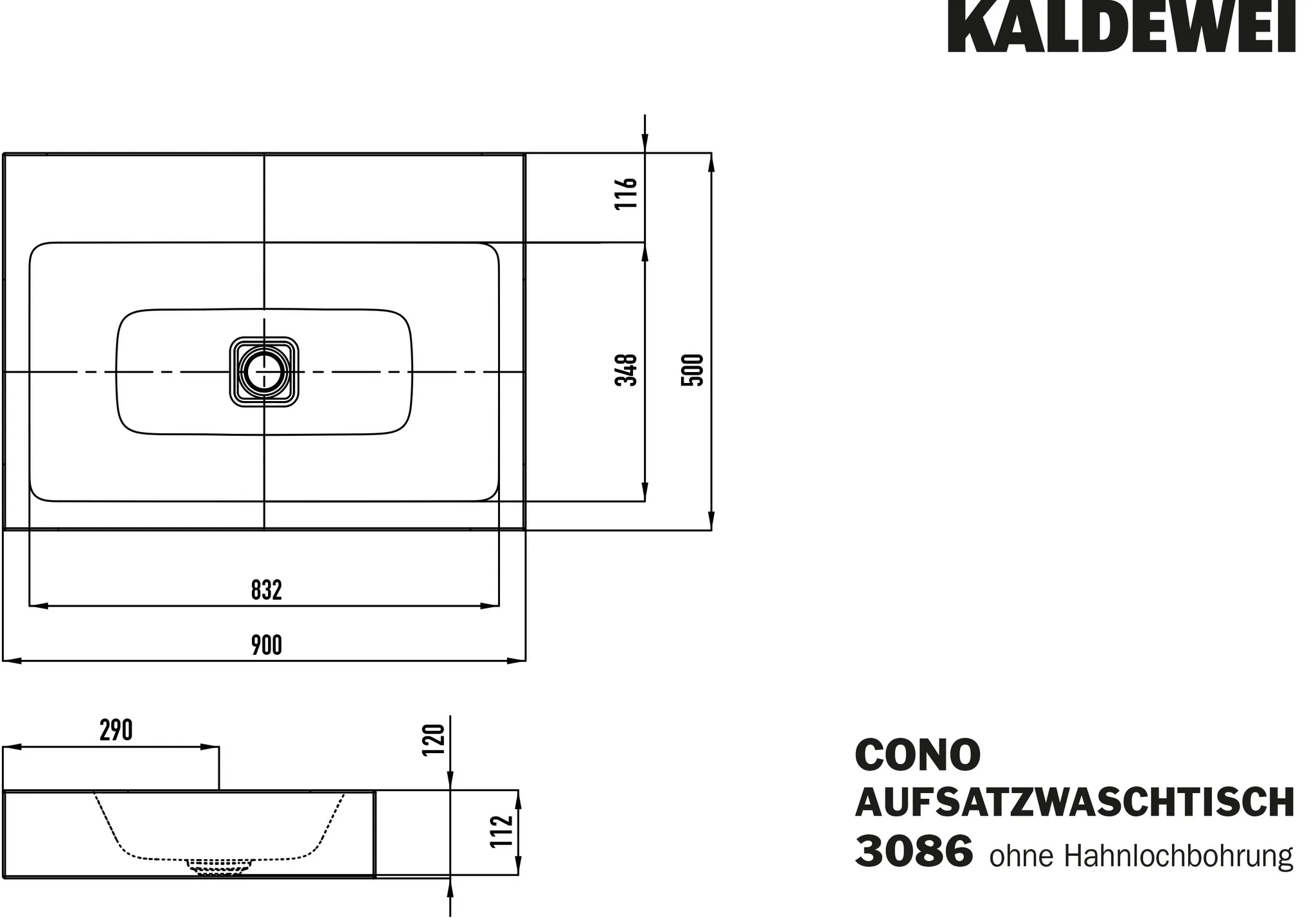 KALDEWEI CONO AUFSATZWASCHTISCH (RANDHÖHE 120 MM), Mod.3086, 900x500mm KALDEWEI CONO AUFSATZWASCHTISCH (RANDHÖHE 120 MM), Mod.3086, 900x500mm
