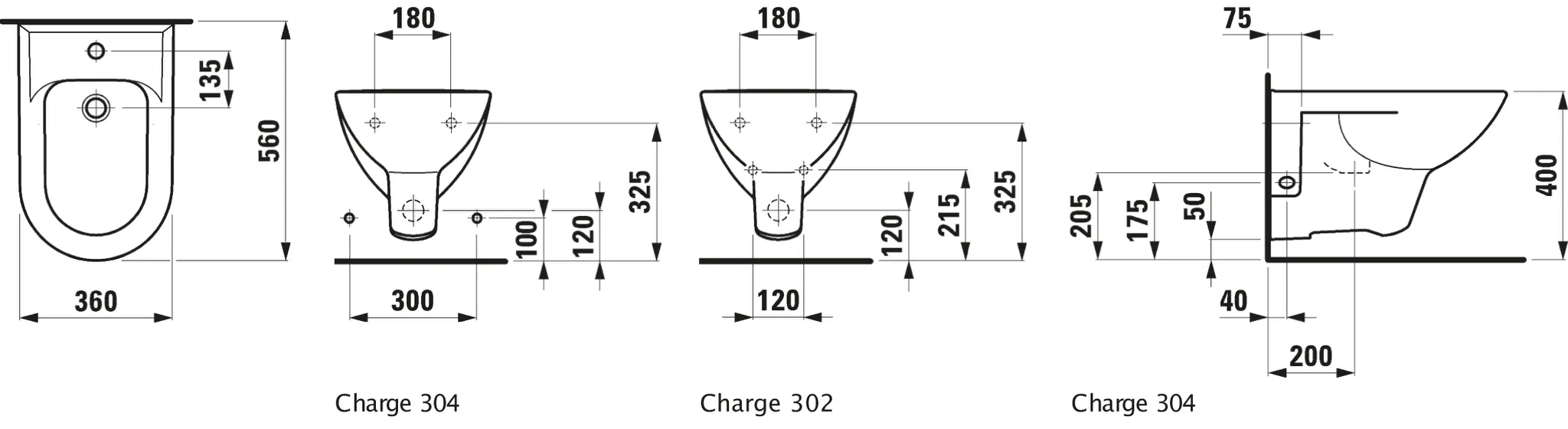 Wandbidet PRO 560x360 1 Hahnloch 2 seitliche Löcher für Wasseranschluss weiß