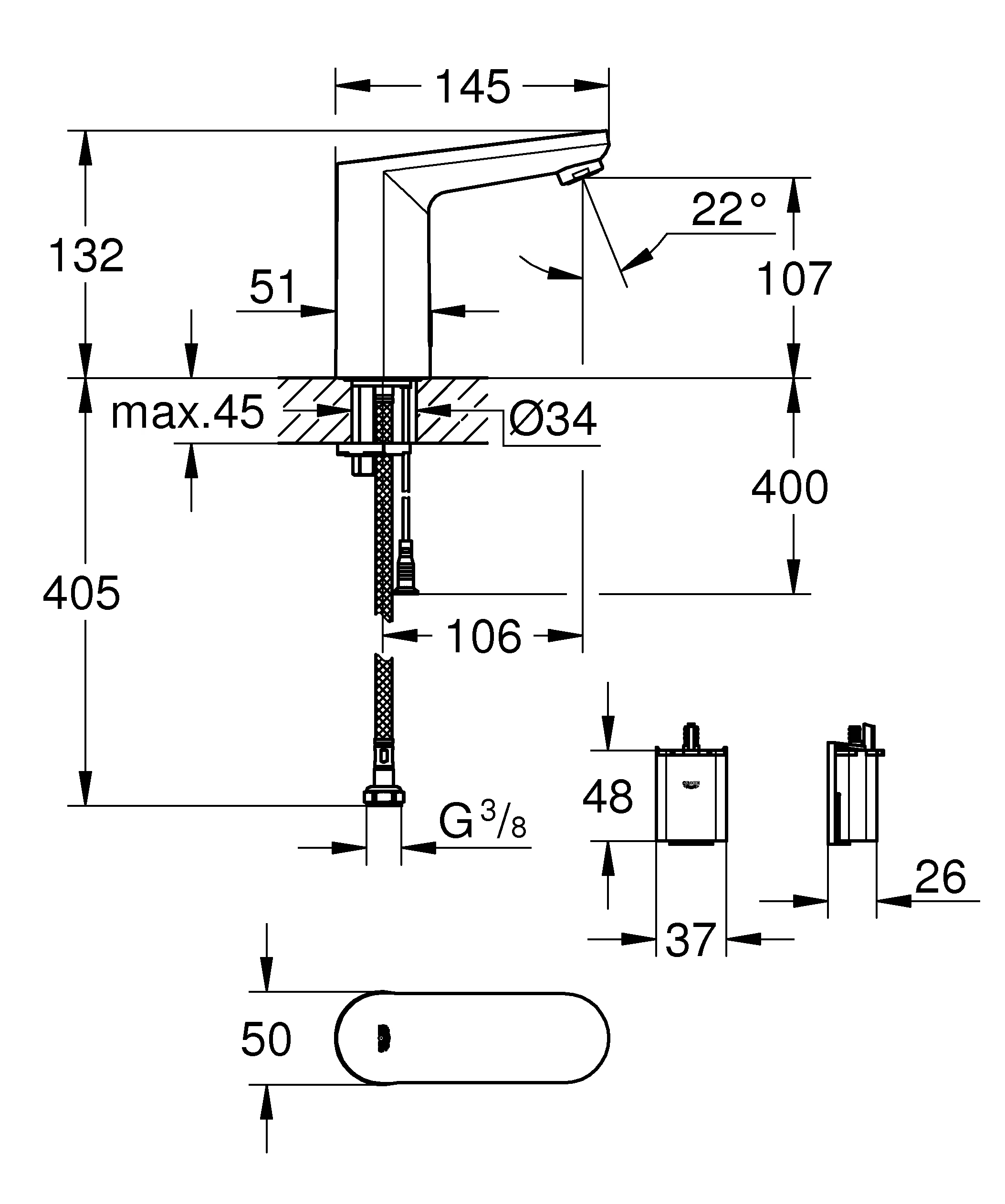 Infrarot-Elektronik für Waschtisch Eurosmart CE 36330_2, M-Size, verdeckte Mischung, 6V Lithium-Batterie, Armaturengruppe I, Schutzart IP 59