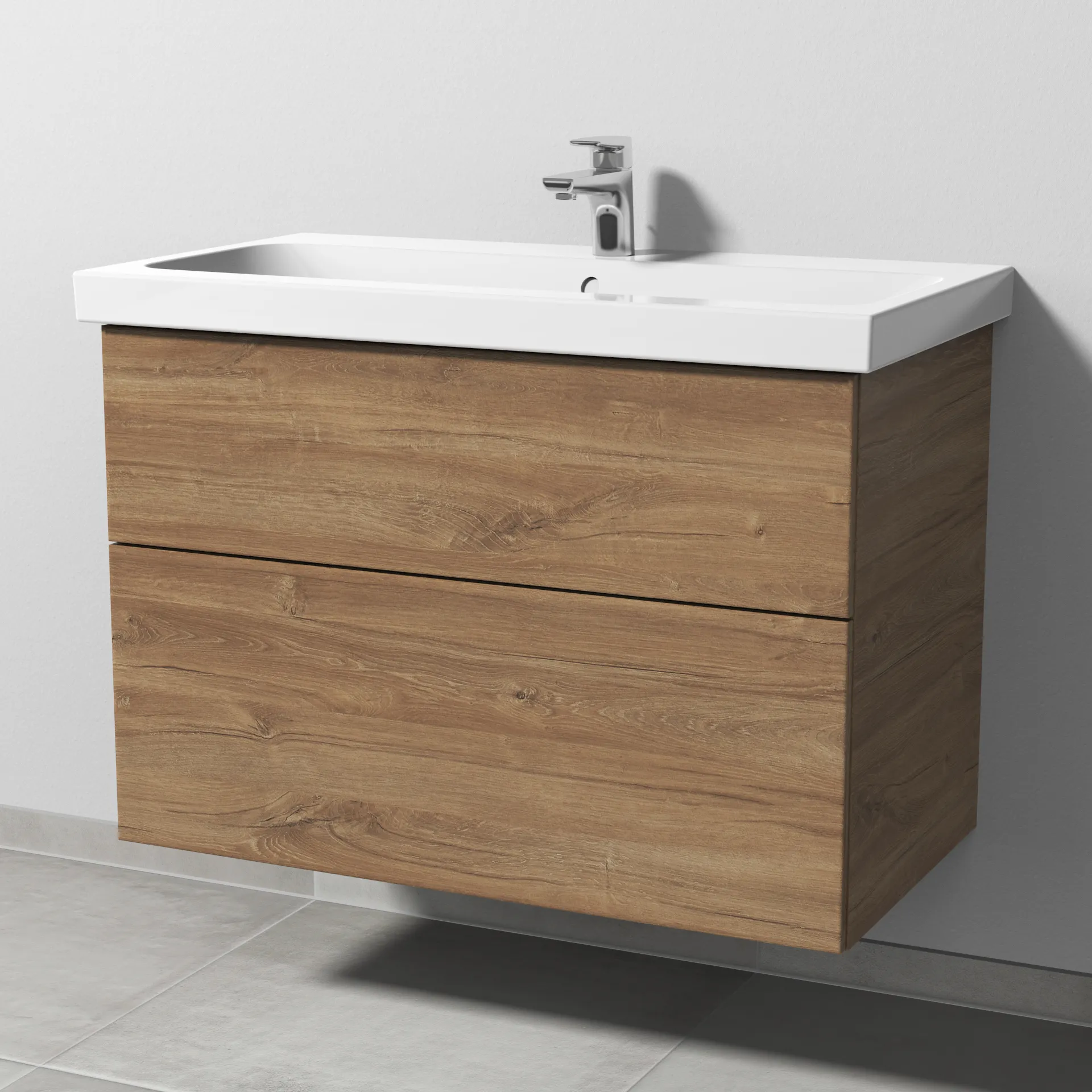 Sanipa Waschtischunterschrank „3way“ passend zu Keramik-Waschtische iCon Light von Geberit 850 × 591 × 462 mm in Eiche Kansas, Becken mittig, mit