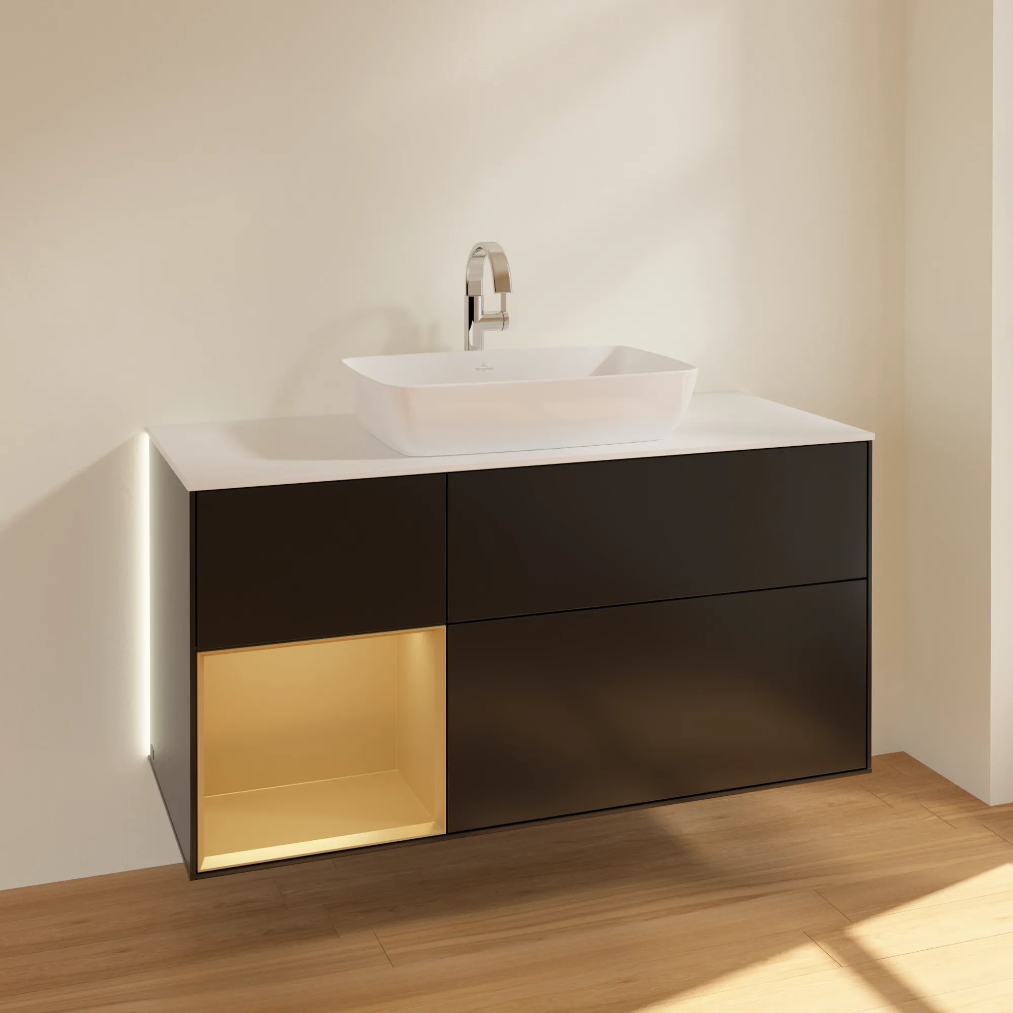Villeroy & Boch Waschtischunterschrank „Finion“ für Schrankwaschtisch 1200 × 603 × 501 mm Black Matt Lacquer, für Becken mittig, mit Hahnlochbohrung