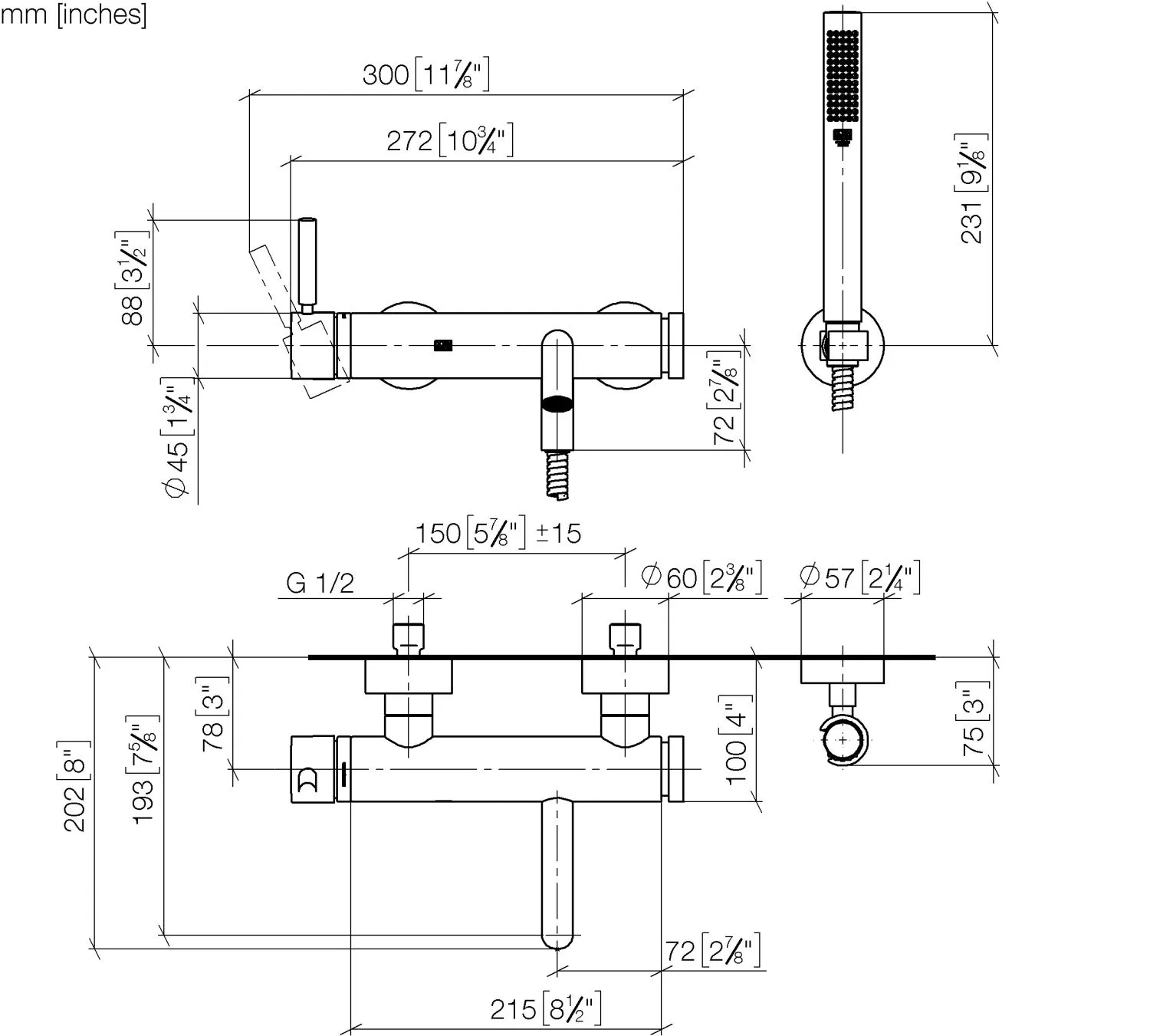 Wannen-Einhandbatterie für Wandmontage mit Schlauchbrausegarnitur META Chrom 33233660 Wannen-Einhandbatterie für Wandmontage mit Schlauchbrausegarnitur META Chrom 33233660