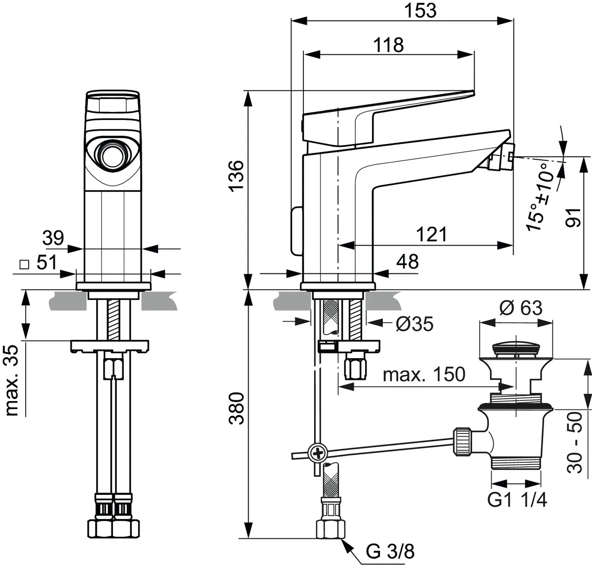 Bidetarmatur Tonic II, mit Ablaufgarnitur, Ausladung 121mm, Chrom Bidetarmatur Tonic II, mit Ablaufgarnitur, Ausladung 121mm, Chrom
