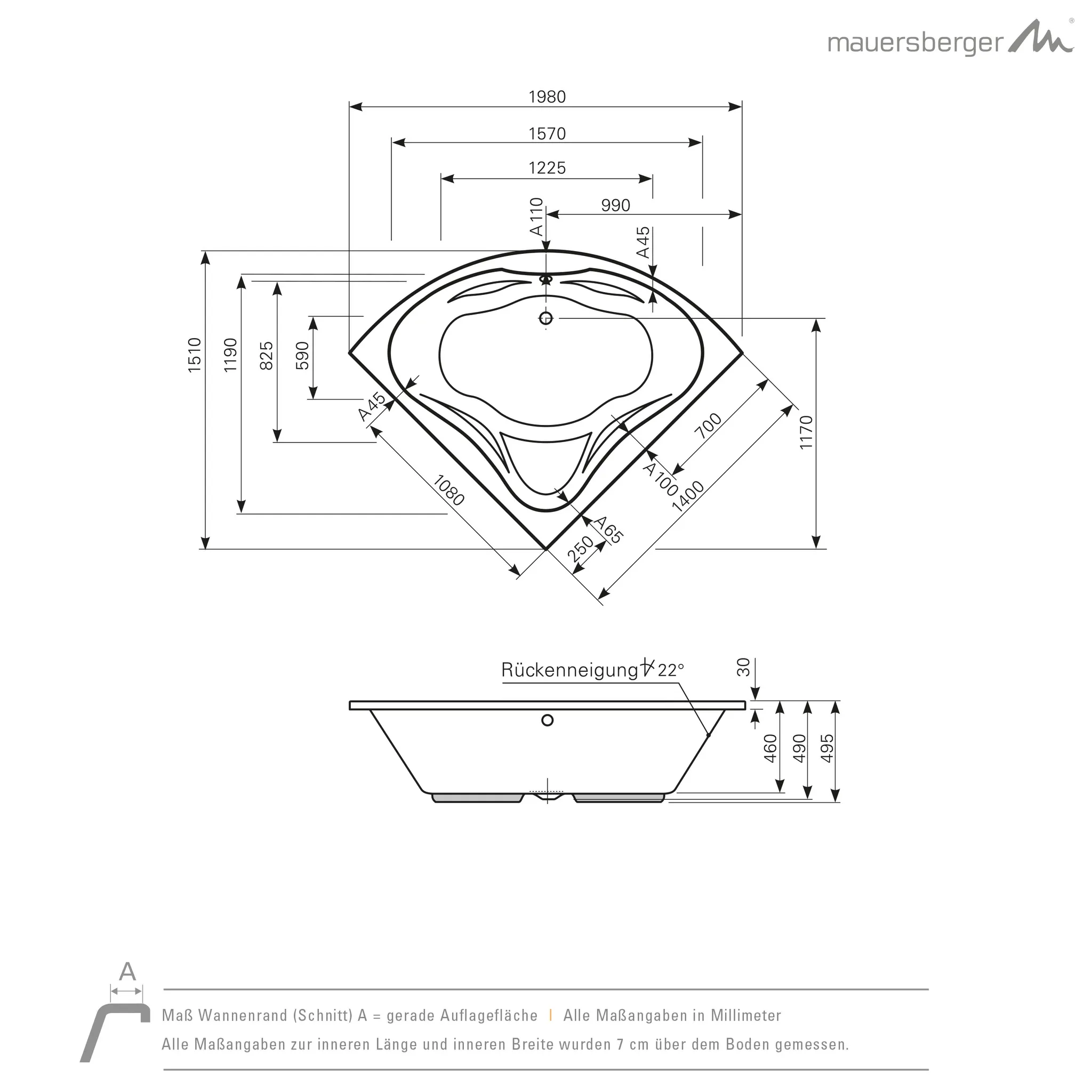Mauersberger Acryl-Badewanne berlandi 140⁄140 Mauersberger Acryl-Badewanne berlandi 140⁄140
