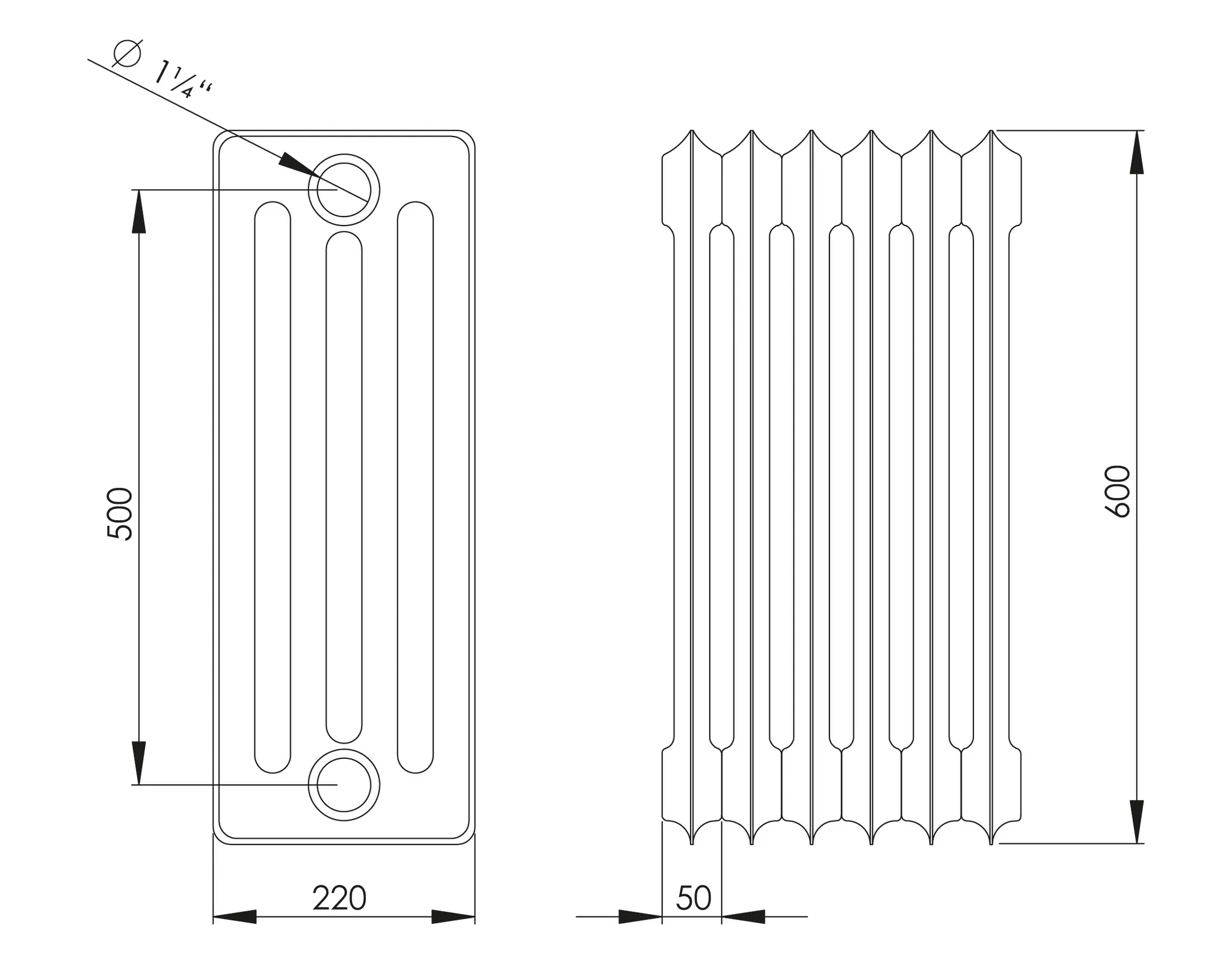 ASW Stahlradiator pulverbeschichtet 3 Glieder Nabenabstand 500 mm „HG-TEC“ 60 × 22 cm