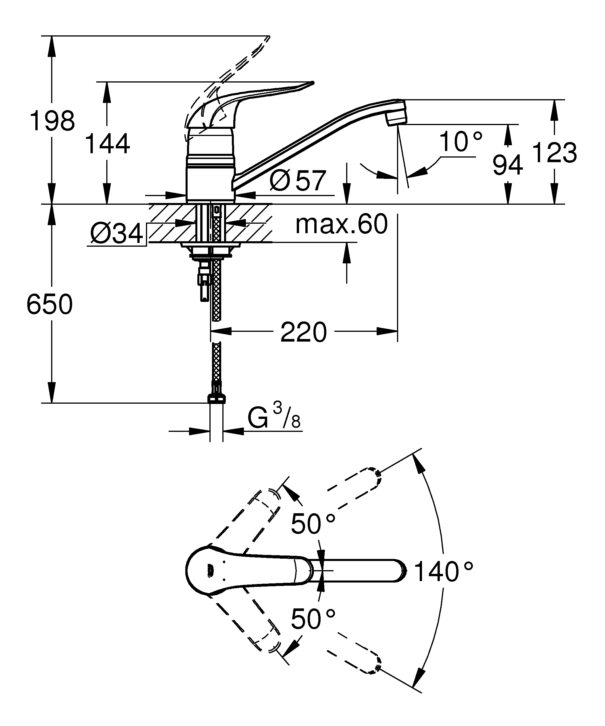 Einhand-Spültischbatterie Euroeco Special 32787, Einlochmontage, hoher schwenkbarer Rohrauslauf, 46 mm Keramikkartusche, Hebellänge 120 mm, chrom