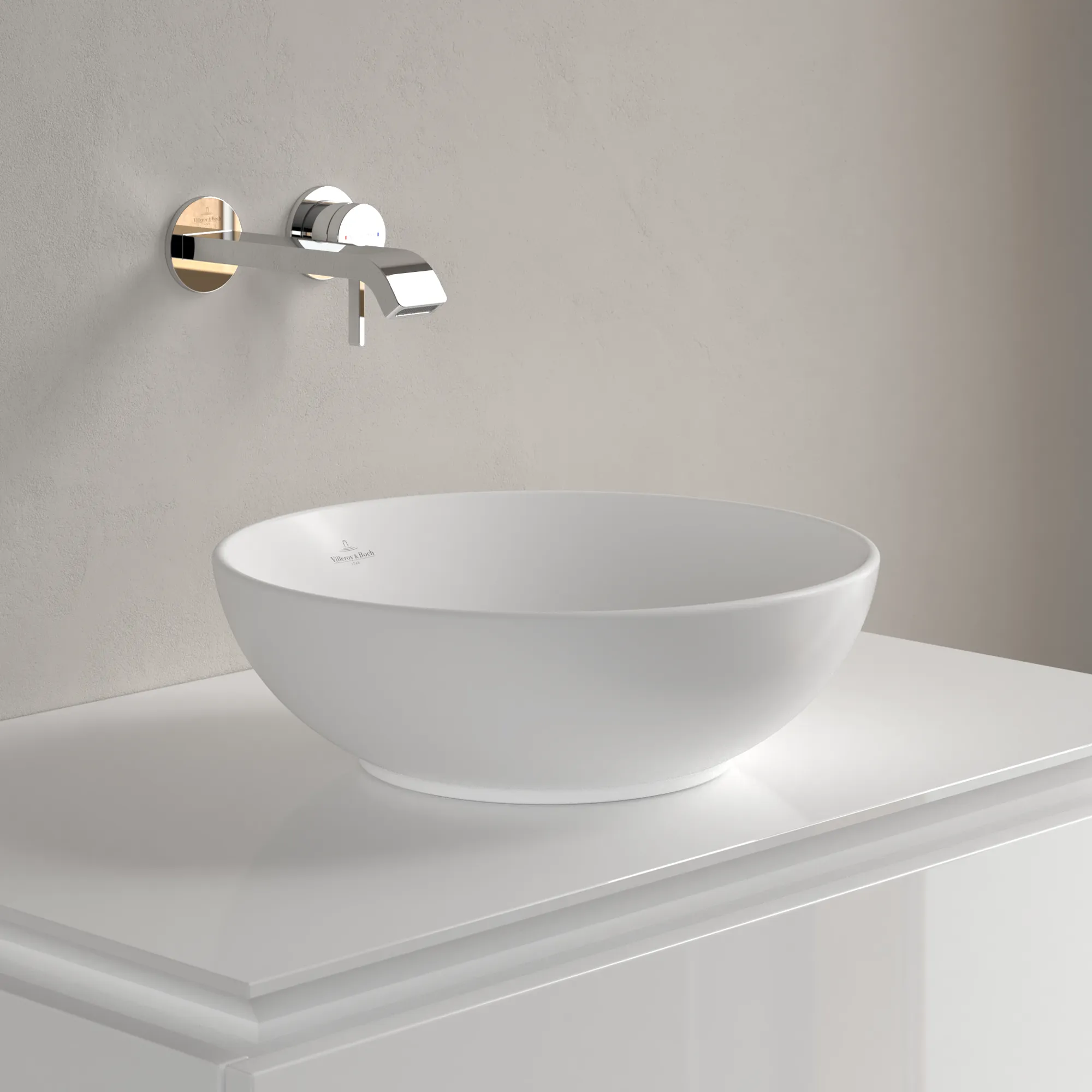 Villeroy & Boch Aufsatzwaschtisch aus TitanCeram „Loop & Friends“ ⌀ 380 mm, ohne Hahnlochbohrung in Stone White Villeroy & Boch Aufsatzwaschtisch aus TitanCeram „Loop & Friends“ ⌀ 380 mm, ohne Hahnlochbohrung in Stone White
