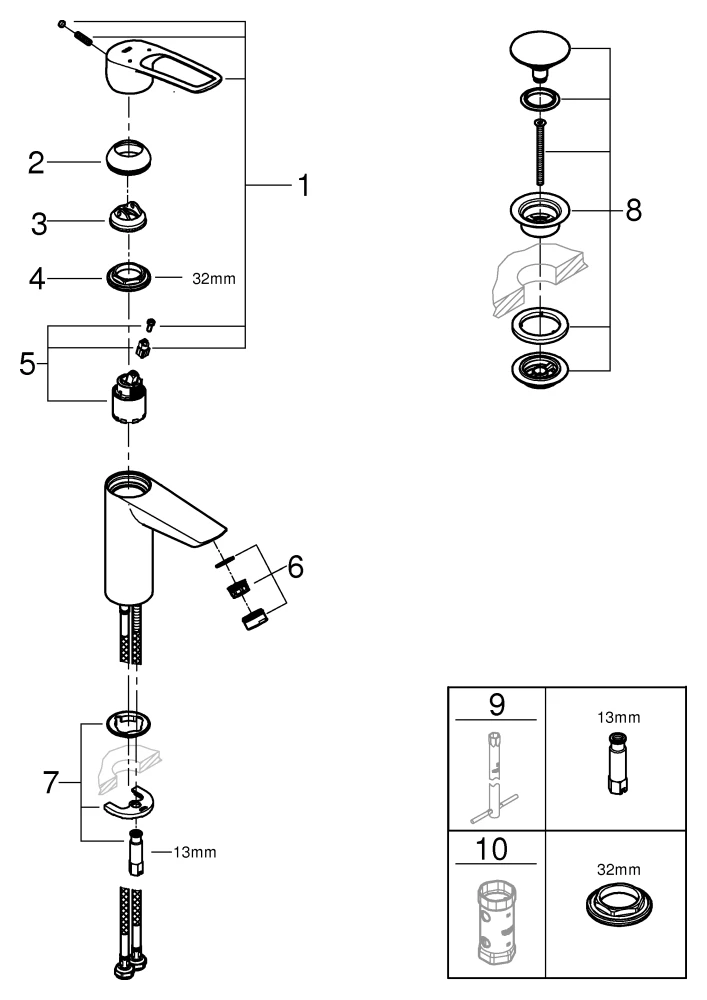 Einhand-Waschtischbatterie Eurosmart 23981_3, M-Size, offener Metall-Hebelgriff, Einlochmontage, Temperaturbegrenzer, glatter Körper mit Push-open Ablaufgarnitur, chrom