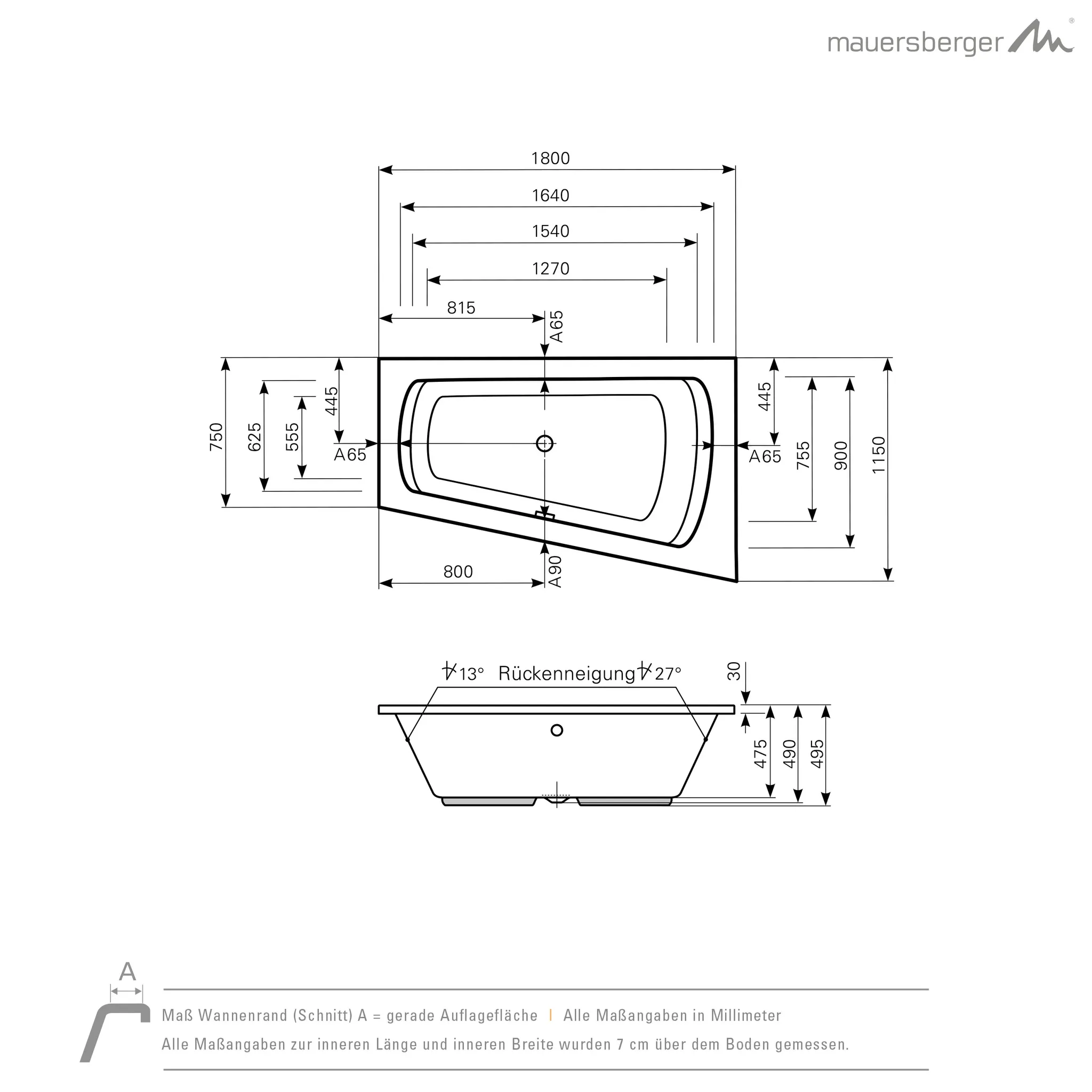 Mauersberger Acryl-Badewanne senecio 180⁄115 rechts, 1800x1150x495, weiß