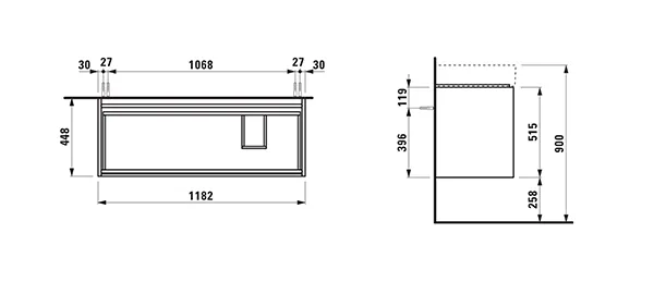 Waschtischunterbau LANI 448x1182x515 mit 2 Schubladen integrierter Griffleiste Vollauszug und Soft-Close für Waschtisch Kartell • H813333 weiß matt