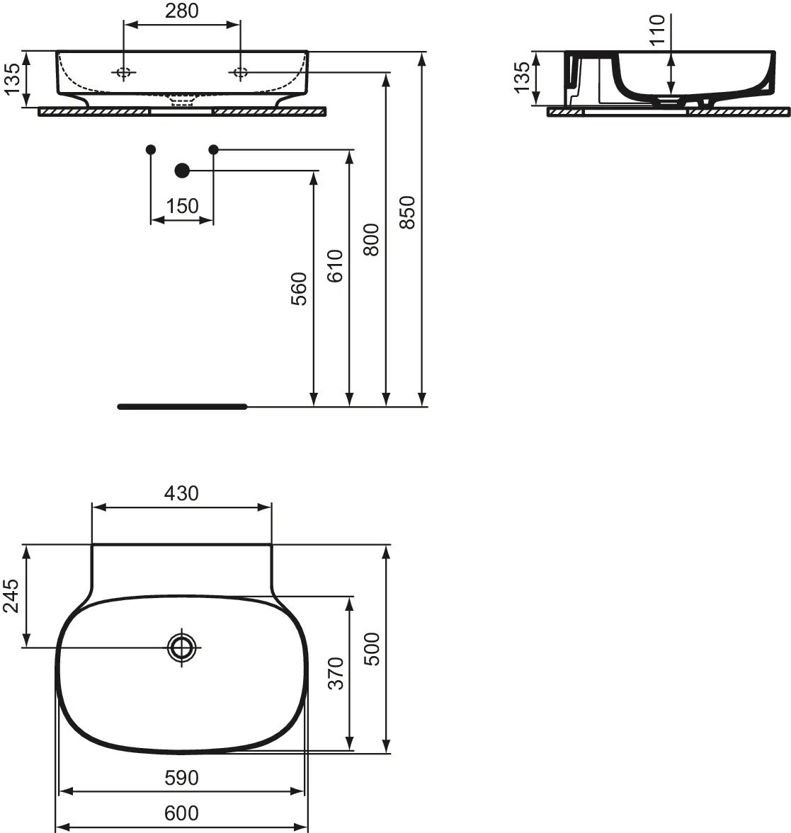 Waschbecken „Linda-X“ 60 × 50 × 13,5 cm in Weiß Waschbecken „Linda-X“ 60 × 50 × 13,5 cm in Weiß