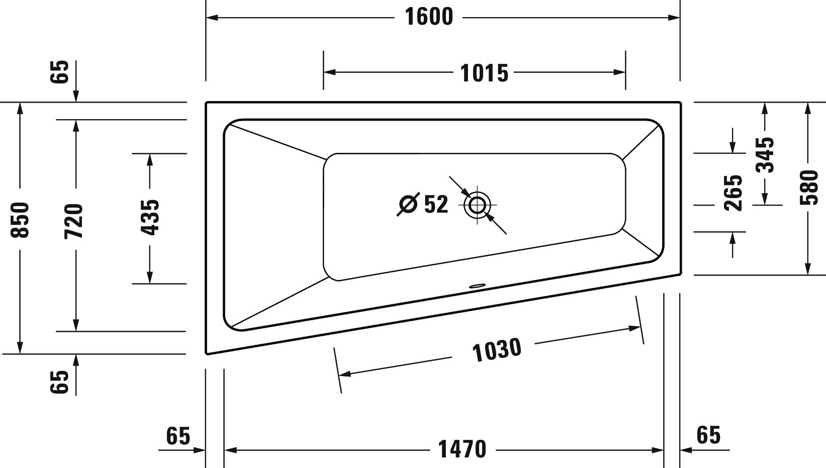 Duravit Whirlwanne „No.1“ trapez 1600 × 850 mm, links mit Jet Project, in Weiß Duravit Whirlwanne „No.1“ trapez 1600 × 850 mm, links mit Jet Project, in Weiß