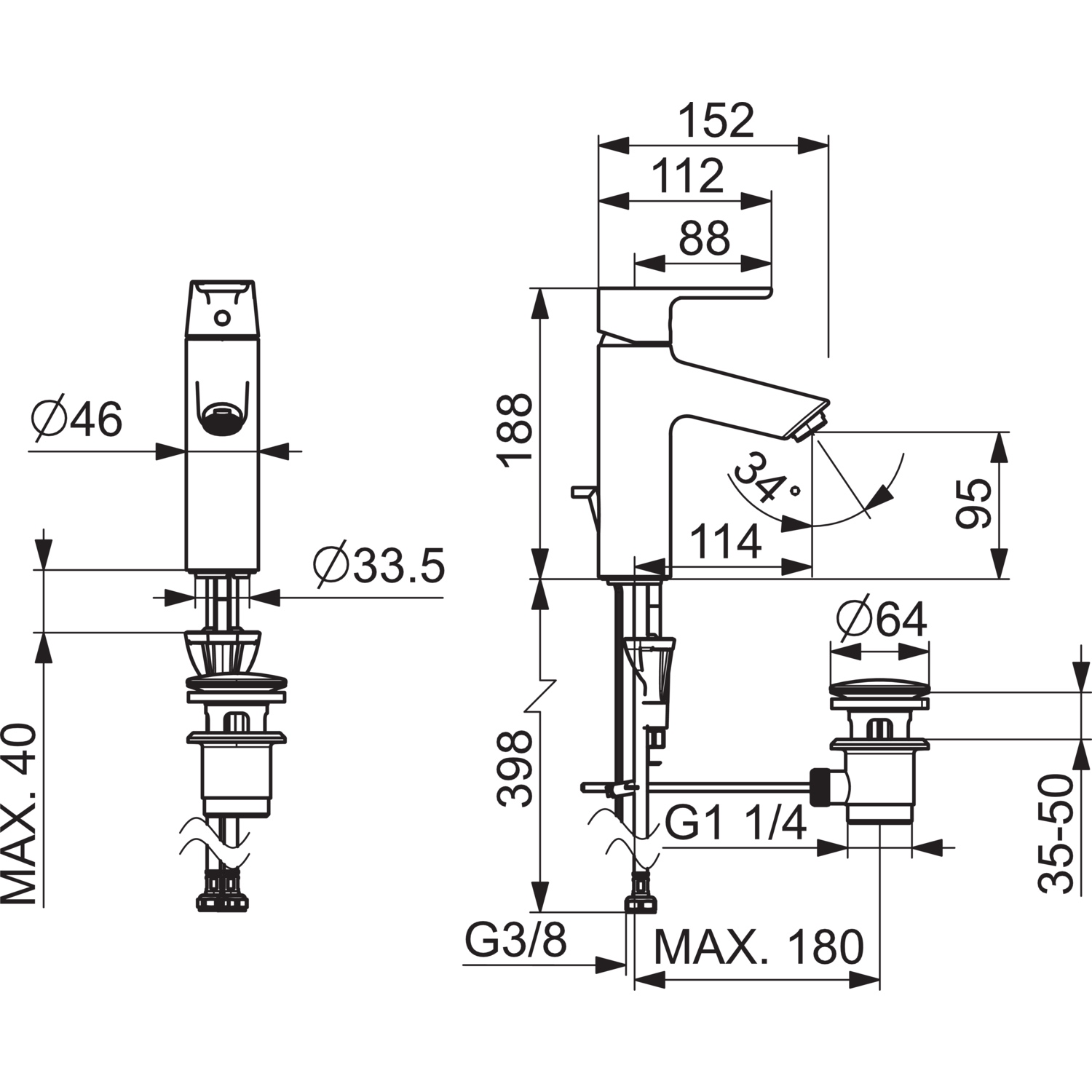 EHM Waschtischbatterie VANTIS XL 5256 Ablaufgarnitur mit Zugstange Ausladung 114 mm Chrom