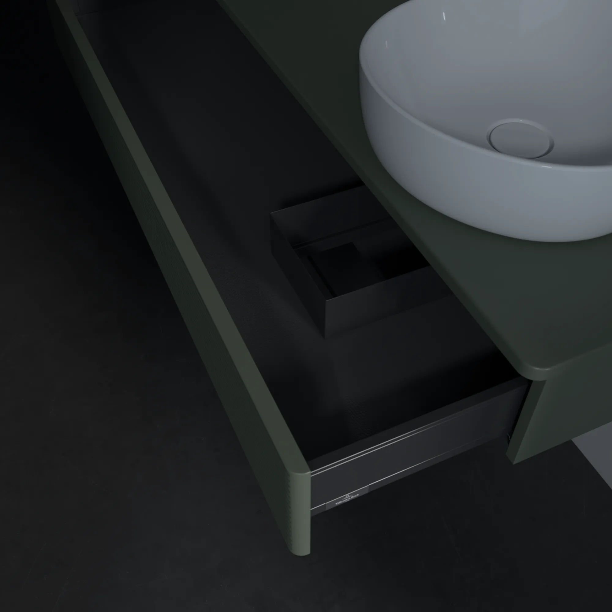 Villeroy & Boch Waschtischunterschrank „Antao“ 1200 × 190 × 500 mm Leaf Green Matt Lacquer, für Becken rechts, ohne Beleuchtung Villeroy & Boch Waschtischunterschrank „Antao“ 1200 × 190 × 500 mm Leaf Green Matt Lacquer, für Becken rechts, ohne Beleuchtung
