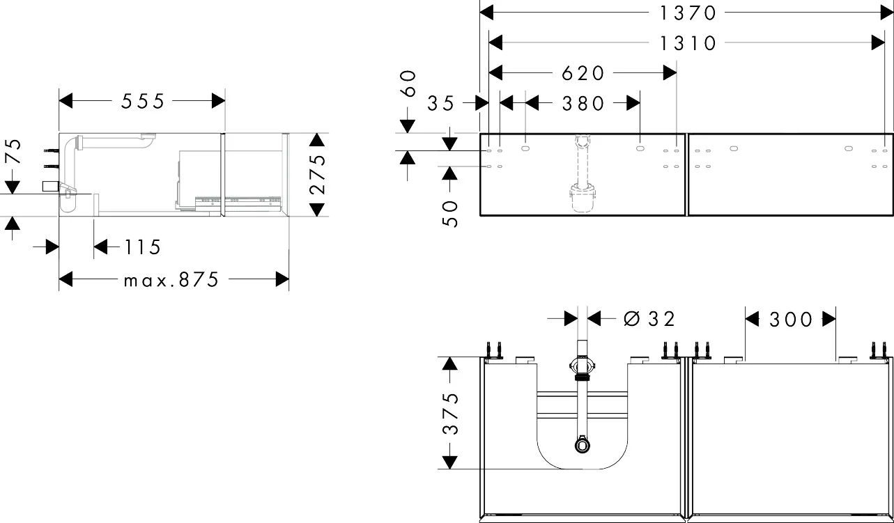 Hansgrohe Xevolos E Waschtischunterschrank Mattweiß 1370x550 mm mit 2 Schubkästen, griff- und geräuschlos, SoftClose, PushOpen, Wandmontage Hansgrohe Xevolos E Waschtischunterschrank Mattweiß 1370x550 mm mit 2 Schubkästen, griff- und geräuschlos, SoftClose, PushOpen, Wandmontage