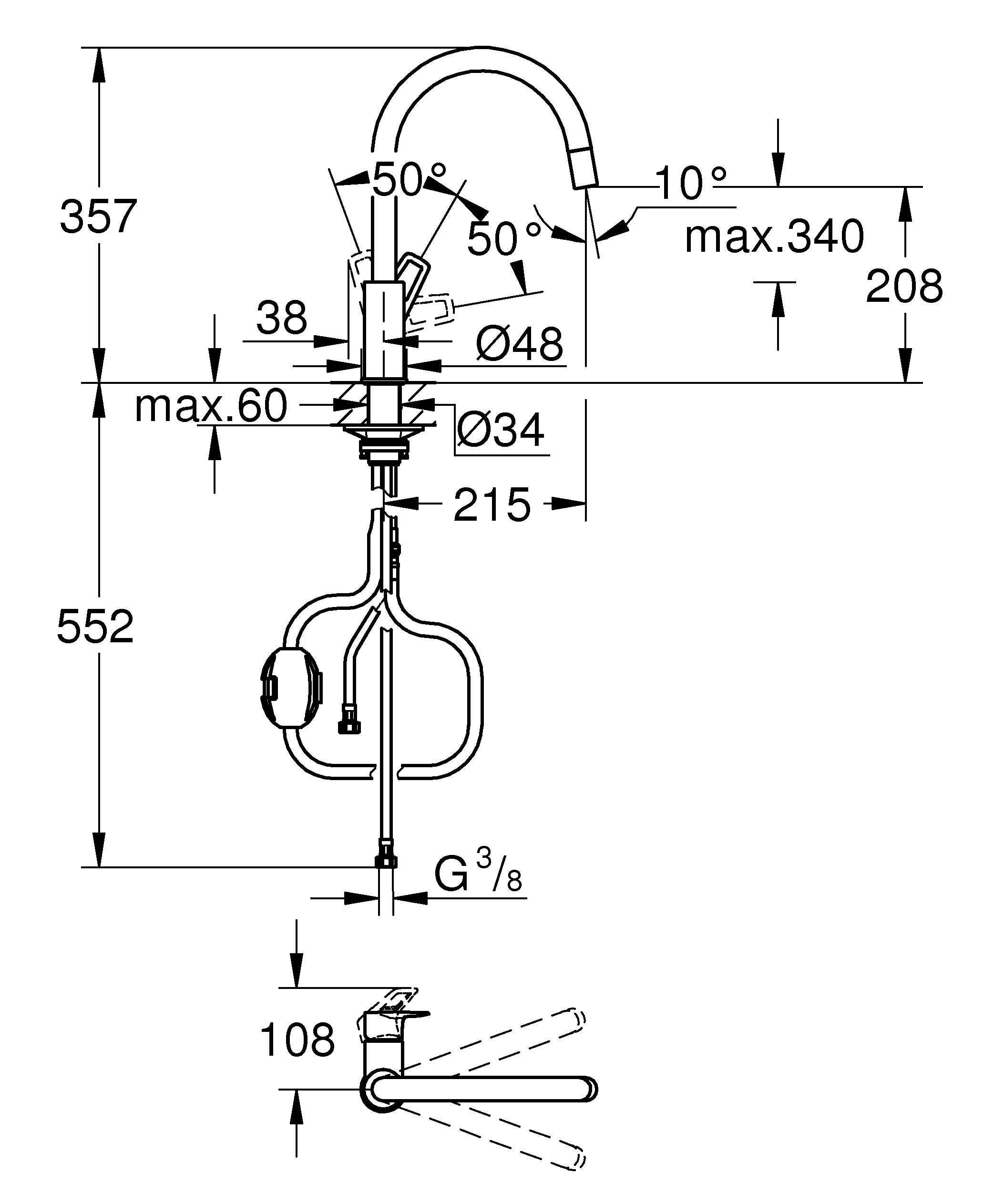 Einhand-Spültischbatterie BauLoop 30543, hoher Auslauf, ausziehbare Laminarbrause, chrom