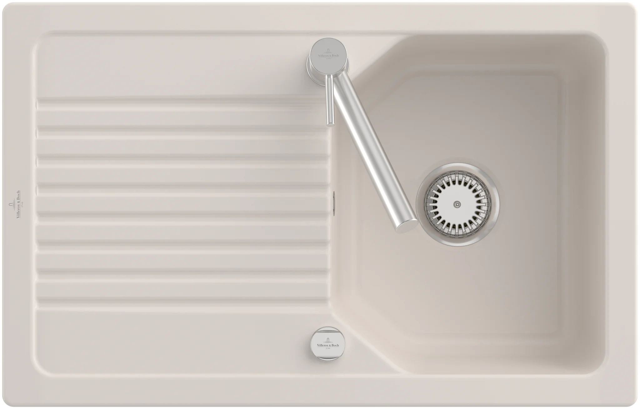 Villeroy & Boch flächenbündige Spüle Linara 45 Flat, Ivory CeramicPlus, 780x490 mm, Höhe 200 mm, TitanCeram, verchromte Armaturen