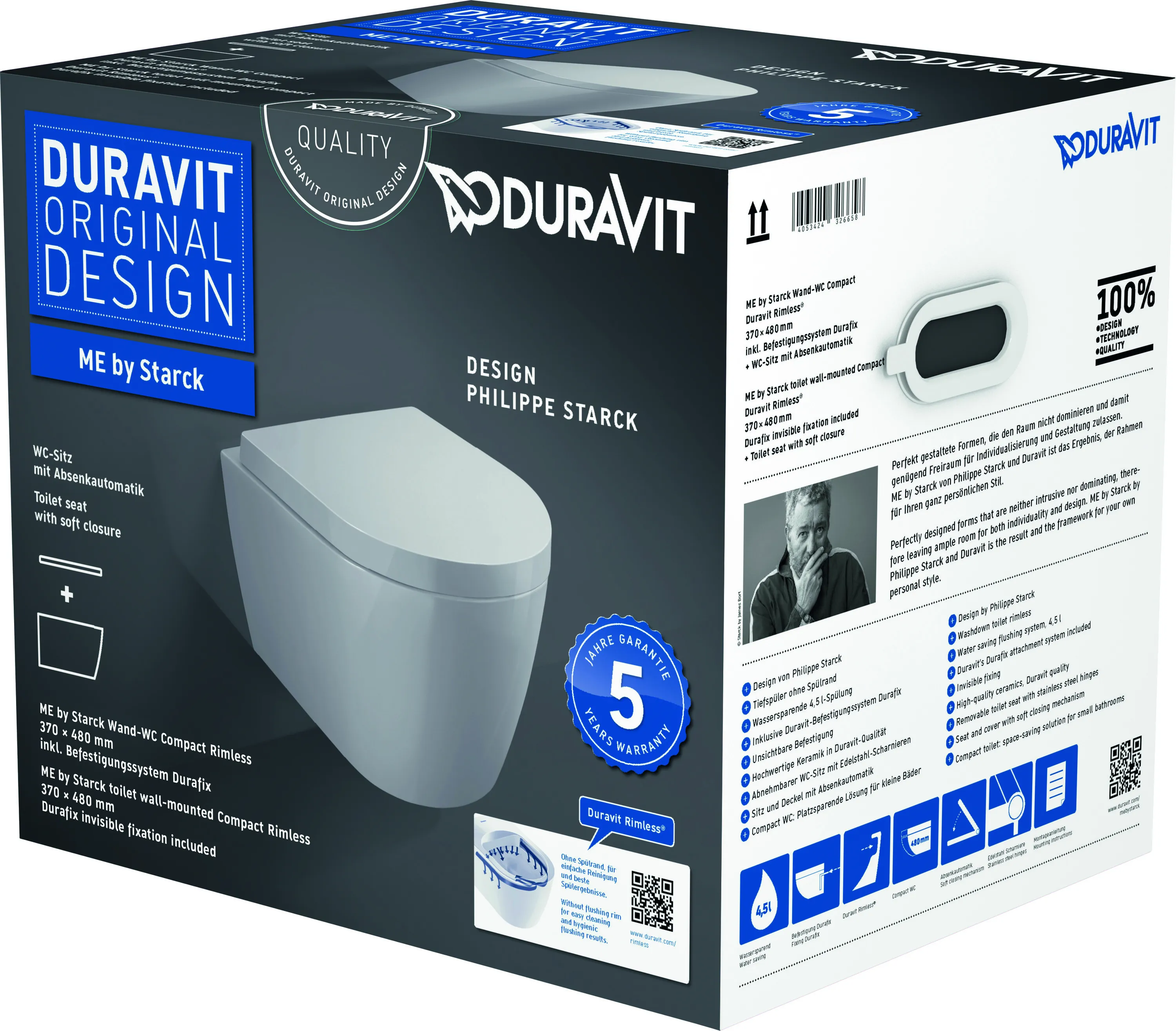 Duravit Wand-Tiefspül-WC inkl. WC-Sitz „ME by Starck“ 37 × 48 × 39 cm, Befestigung sichtbar Duravit Wand-Tiefspül-WC inkl. WC-Sitz „ME by Starck“ 37 × 48 × 39 cm, Befestigung sichtbar