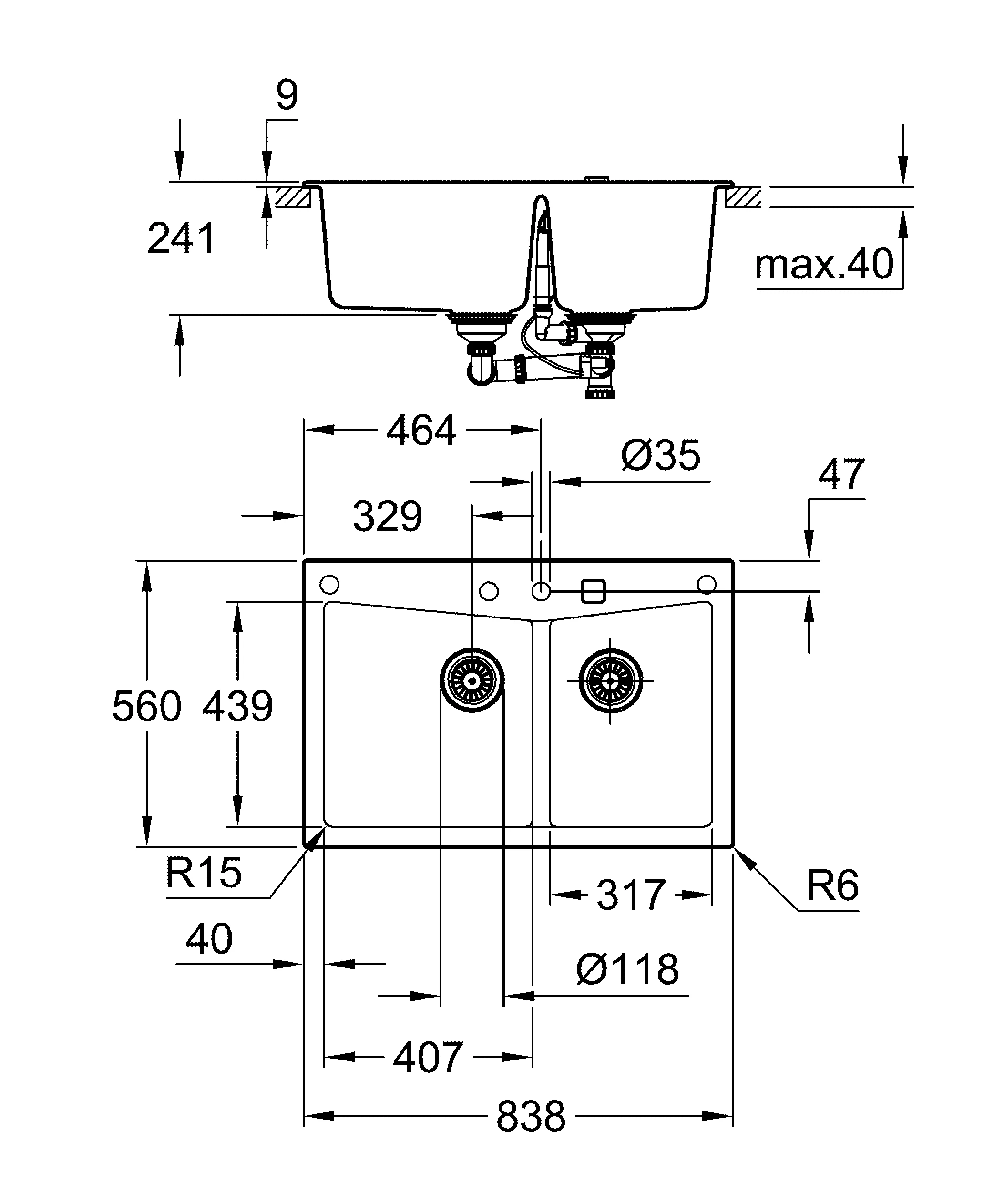 Kompositspüle K700 31657, Modell: K700 90-C 83,8/55,9 2.0, Montageart: Standard-Einbau und Unterbau, Maße: 838 x 559 mm, 1 Becken: 406 x 438 x 241 mm, granit schwarz