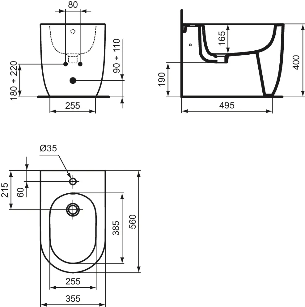 Ideal Standard Bidet „BlendCurve“, Befestigung verdeckt 35,5 × 56 × 40 cm in Seidenweiß