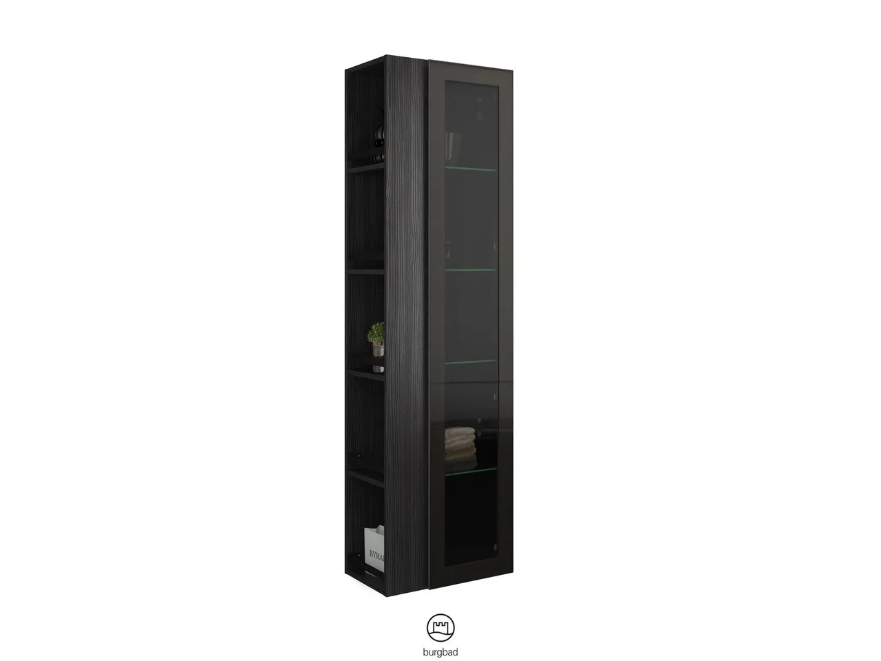 Hochschrank, 1 Alurahmentür mit Rauchglaseinsatz in Bronze;4 Glaseinlegeböden;offenes Regal mit 4 Einlegeböden, Tiefe: 320 mm, Breite: 500 mm, Höhe: 1760 mm
