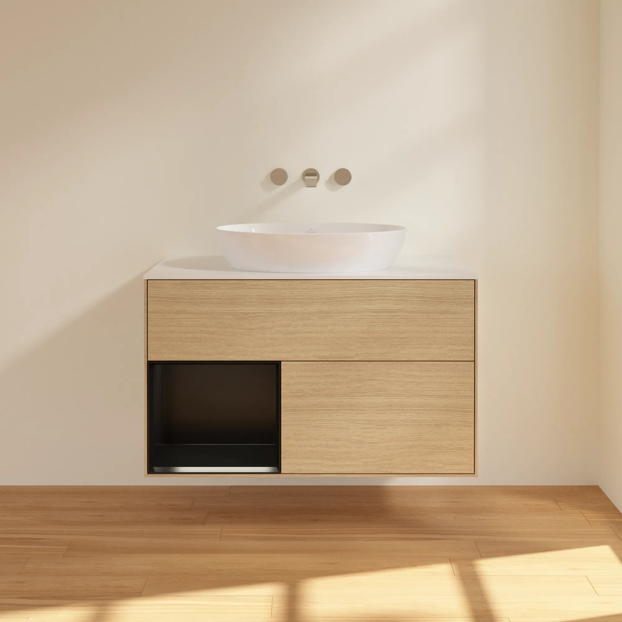 Villeroy & Boch Waschtischunterschrank „Finion“ für Schrankwaschtisch 1000 × 603 × 501 mm Oak Veneer, für Becken mittig, ohne Hahnlochbohrung Villeroy & Boch Waschtischunterschrank „Finion“ für Schrankwaschtisch 1000 × 603 × 501 mm Oak Veneer, für Becken mittig, ohne Hahnlochbohrung