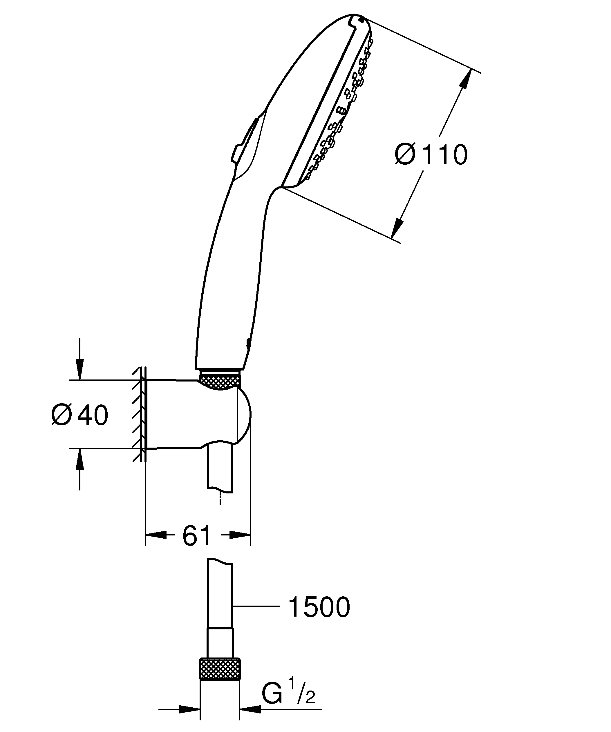 Wandhalterset Tempesta 110 26920_3, Handbrause Tempesta 110, 3 Strahlarten: Rain/Jet/Massage, Handbrausehalter, Relexaflex-Brauseschlauch 1.500mm, Water Saving, maximaler Durchfluss (bei 3 bar): 8.4 l/min, chrom