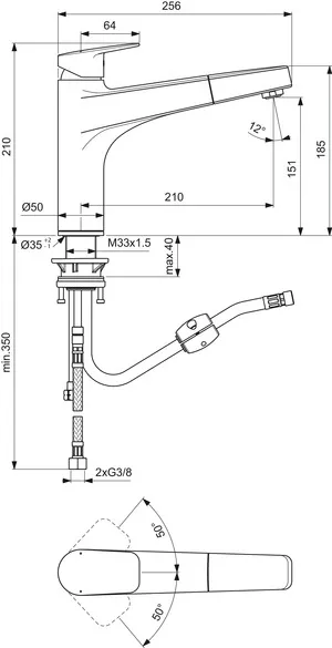 Küchenarmatur Ceraplan mit hohem Auslauf Ausladung 210mm 1-Funktions-Handbrause Chrom