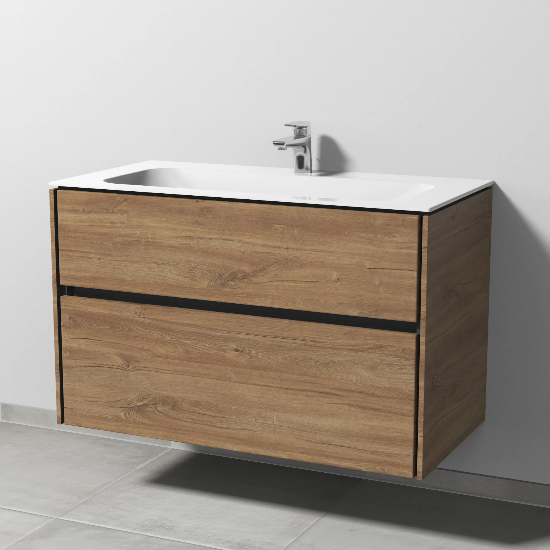 Keramik-Waschtisch-Set mit Waschtischunterschrank „Twiga“ 99 × 50 × 61 cm in Eiche Kansas, ohne Beleuchtung, mit Hahnlochbohrung