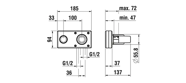 Unterputz Einbaukörper SIMIBOX 2-Point passend zu TWINPLUS Anschluss 1/2“ GN Patrone Quattro-G Messingkörper mit Styroporbox und Bauschutzkappe Bedienung rechts