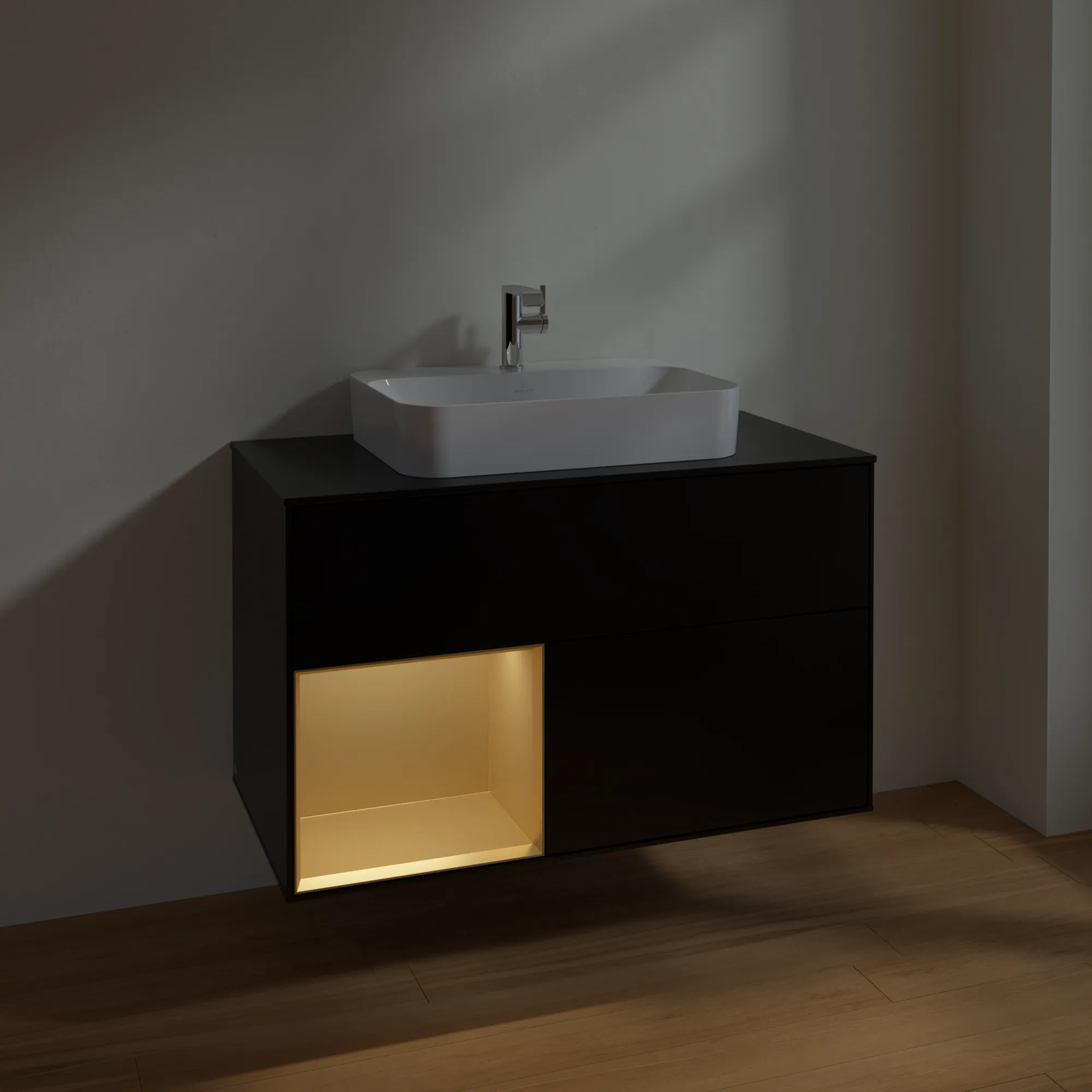 Villeroy & Boch Waschbeckenunterschrank Finion F36, 1000x603x501 mm, Black Matt Lacquer mit Gold Akzenten, mit Beleuchtung und SoftClosing