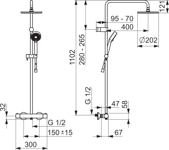 Regenbrause-Duscharmatur UNITA ECO 5814 3-strahlig Ausladung 470 - 495 mm Chrom Kopfbrause rund