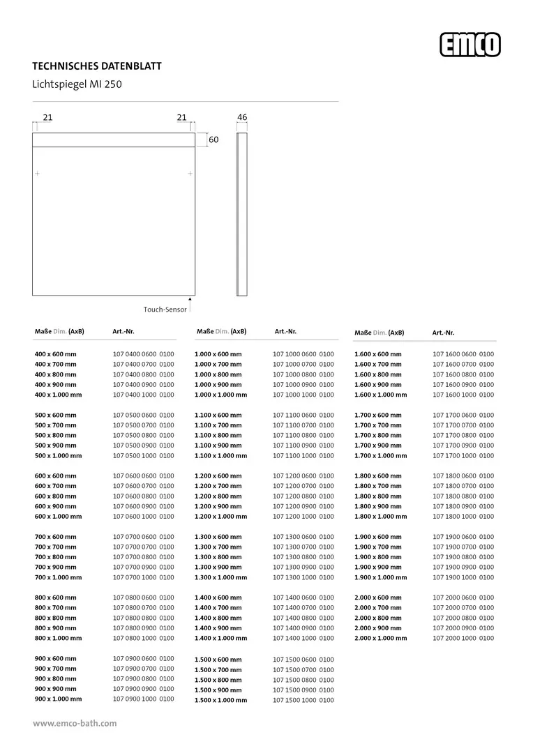 emco Lichtspiegel mit Sensorschalter „MI 250“ 180 × 80 cm