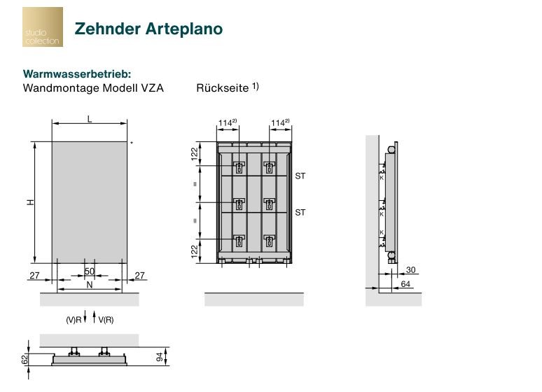 Zehnder Design-Heizkörper Warmwasserbetrieb Ausführung einlagig mit Lamellen „Arteplano“ 45,3 × 161,3 cm in Pearl Beige (RAL 1035)