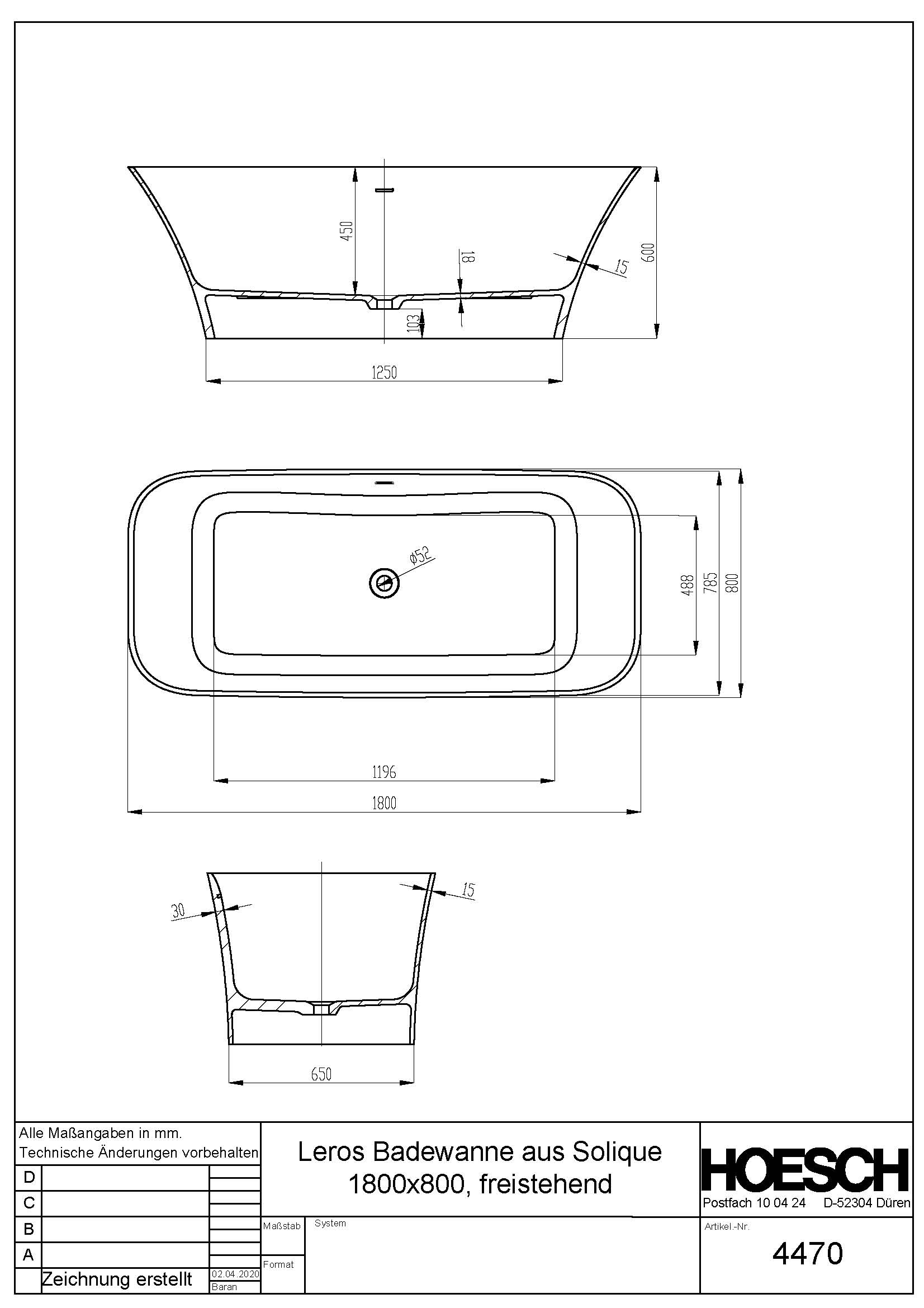 Hoesch Badewanne „Leros“ freistehend oval 170 × 75 cm 