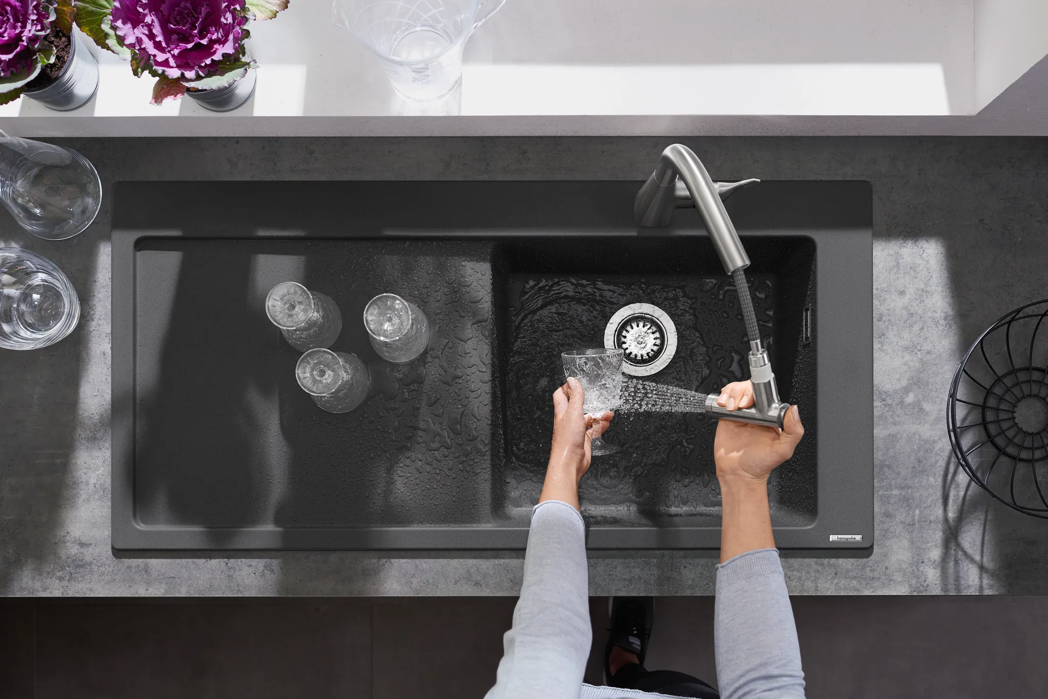 Hansgrohe Einbauspüle S51, Serie S514-F450, Steingrau, 1030 x 490 mm, 1 Hauptbecken mit Abtropffläche, Beckentiefe 190 mm