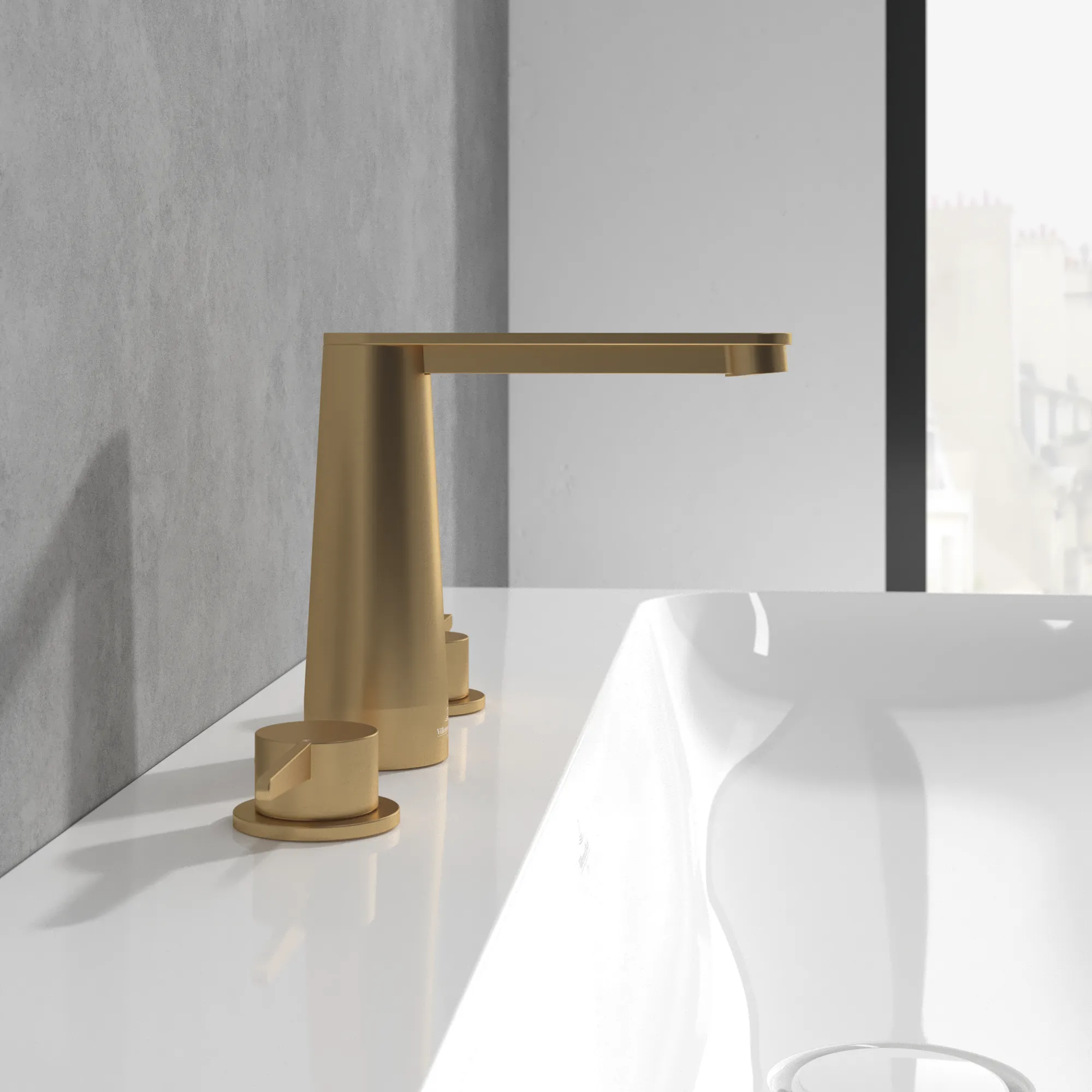 Villeroy & Boch Conum Dreiloch-Waschtischarmatur, Brushed Gold, 440 x 165 x 144 mm, Keramikkartusche, Laminarstrahl, SmartPressure Villeroy & Boch Conum Dreiloch-Waschtischarmatur, Brushed Gold, 440 x 165 x 144 mm, Keramikkartusche, Laminarstrahl, SmartPressure