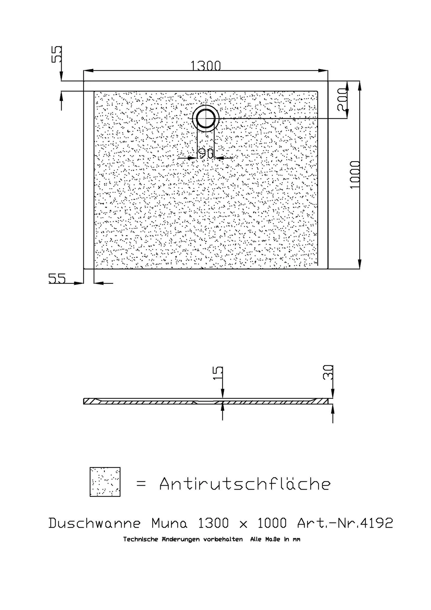 Hoesch Muna Duschwanne Mineralguss Solique, Weiß, 1300x1000x30mm