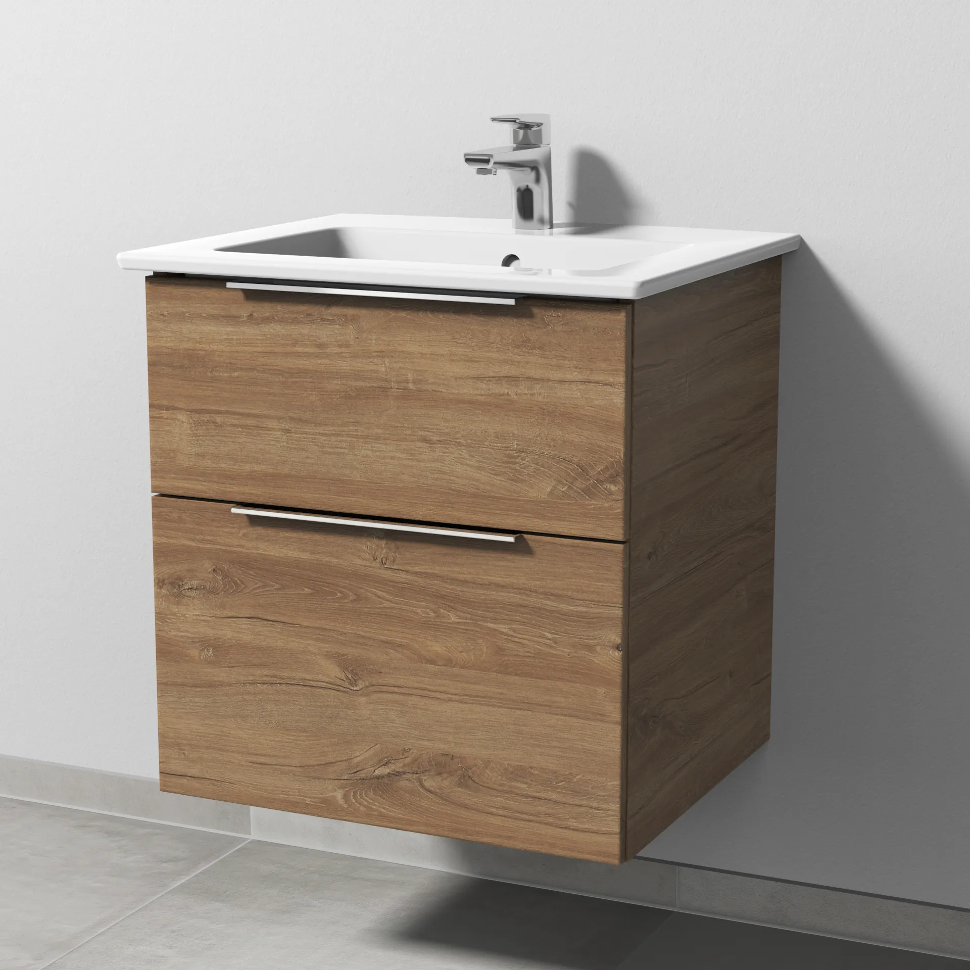 Keramik-Waschtisch-Set mit Waschtischunterschrank „3way“ 55,5 × 47,7 × 59,1 cm in Eiche Kansas, mit Hahnlochbohrung, Becken mittig