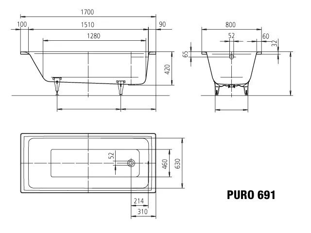 Kaldewei Badewanne „Puro“ rechteck 170 × 80 cm, ohne Grifflochbohrungen mit Überlaufbohrung, in bahamabeige