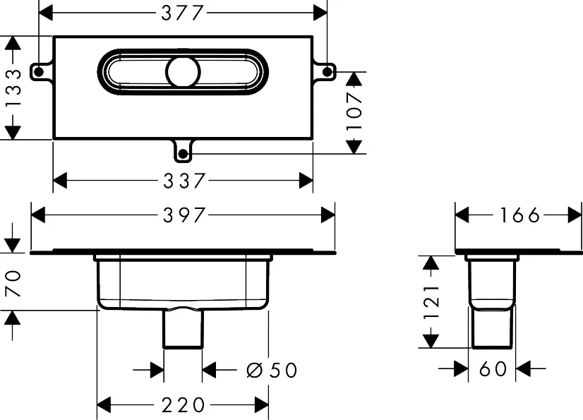 Hansgrohe uBox universal Ablaufgehäuse für Duschrinnen - DN50, Sperrwasserhöhe 50 mm, Mindestbauhöhe 75 mm, bis zu 42 l/min Ablaufleistung mit Siphon