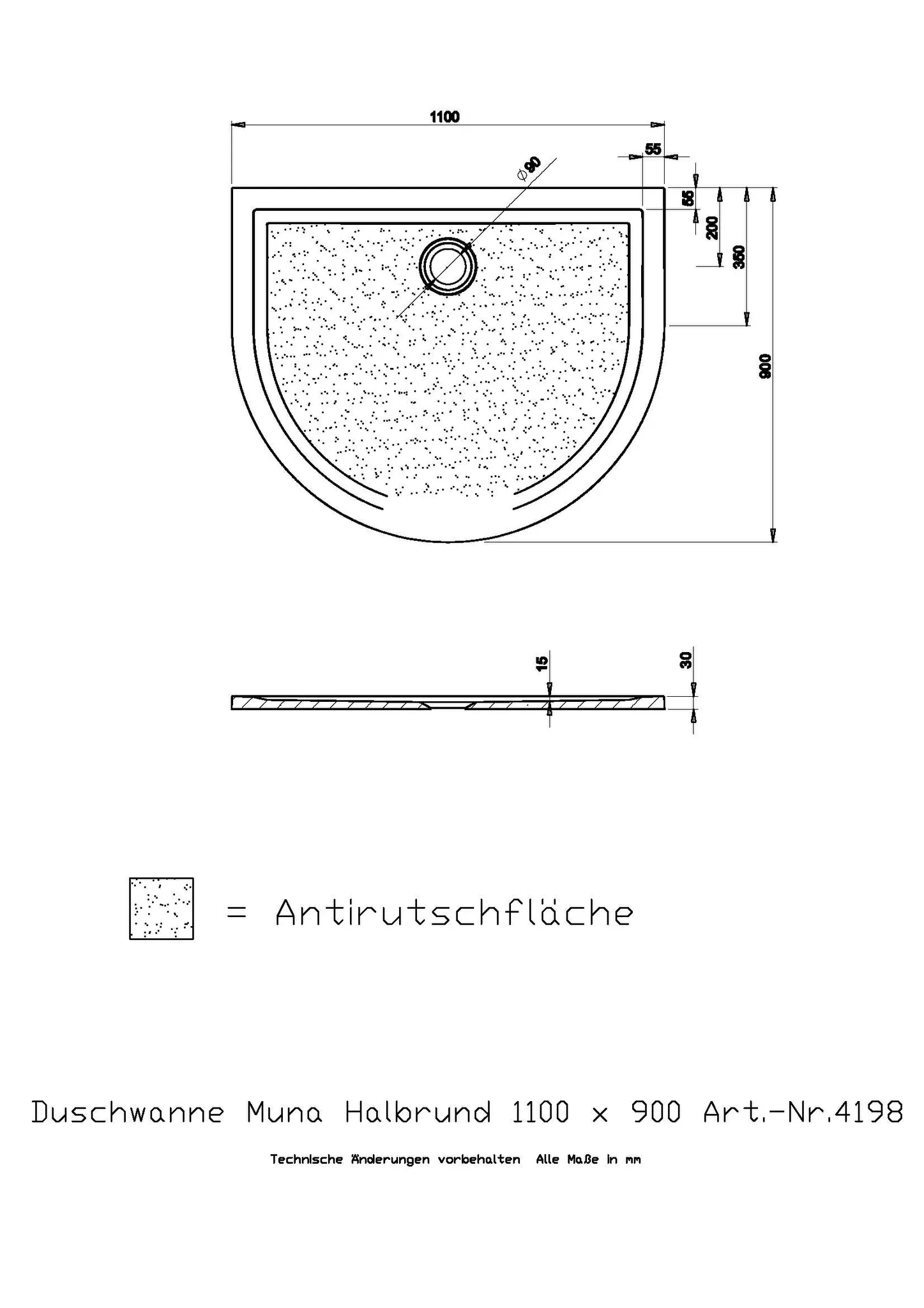 Duschwanne „Muna“ Halbkreis 110 × 90 cm in Telegrau