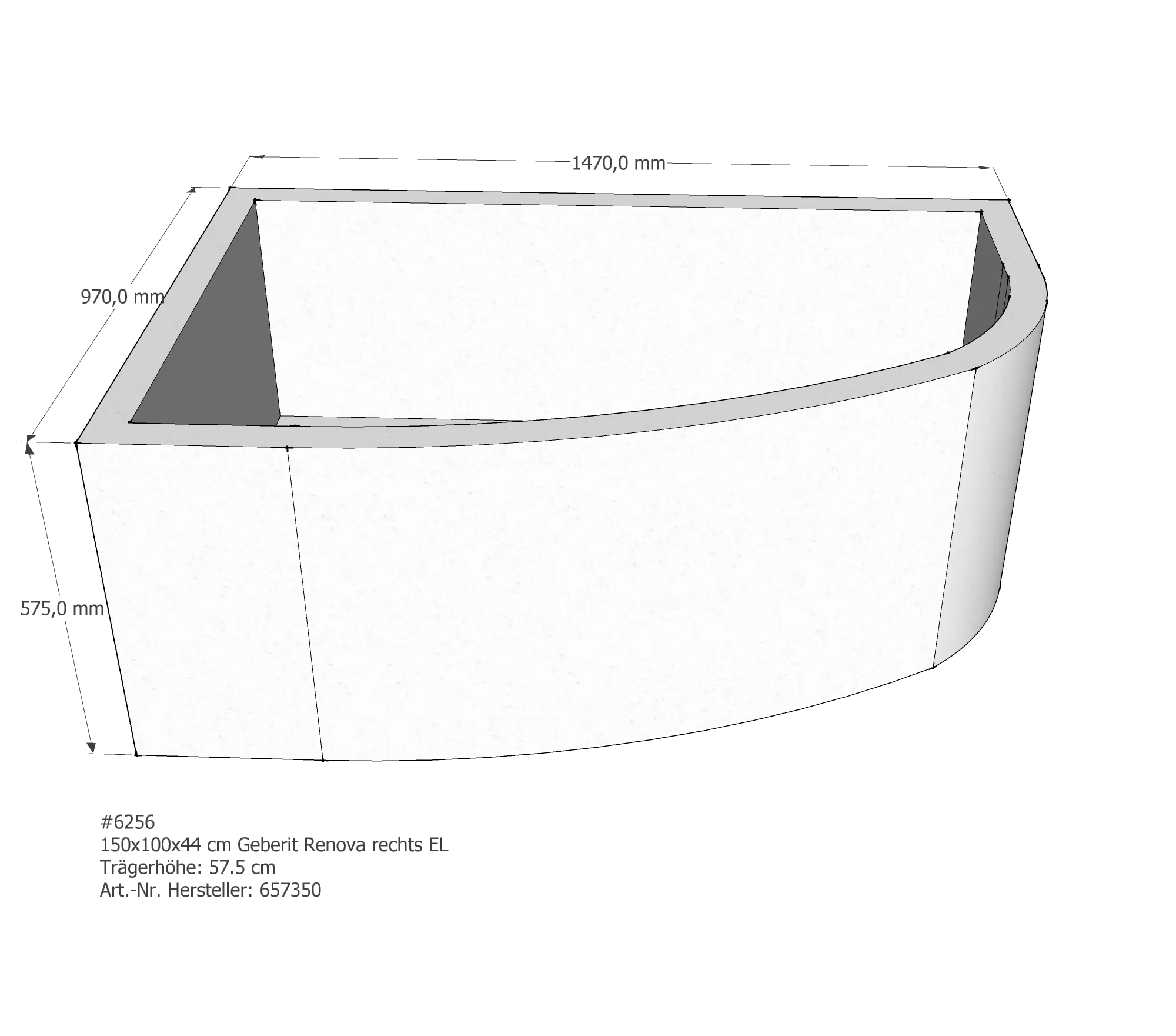 Badewannenträger passend für Geberit Renova rechts 150 × 100 × 44 cm